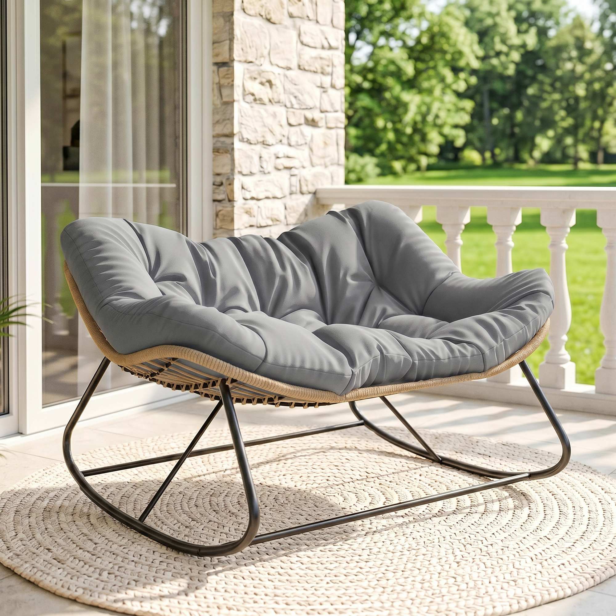 Indoor Outdoor Double Papasan Rocking Chair, Oversized Rocking Egg Chair with Cushion for Garden, Patio, Gray