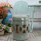 14" x 17" Ceramic Garden Stool with Double-Coin Knotted Ring Design, Glazed Decorative Outdoor Stool, Green