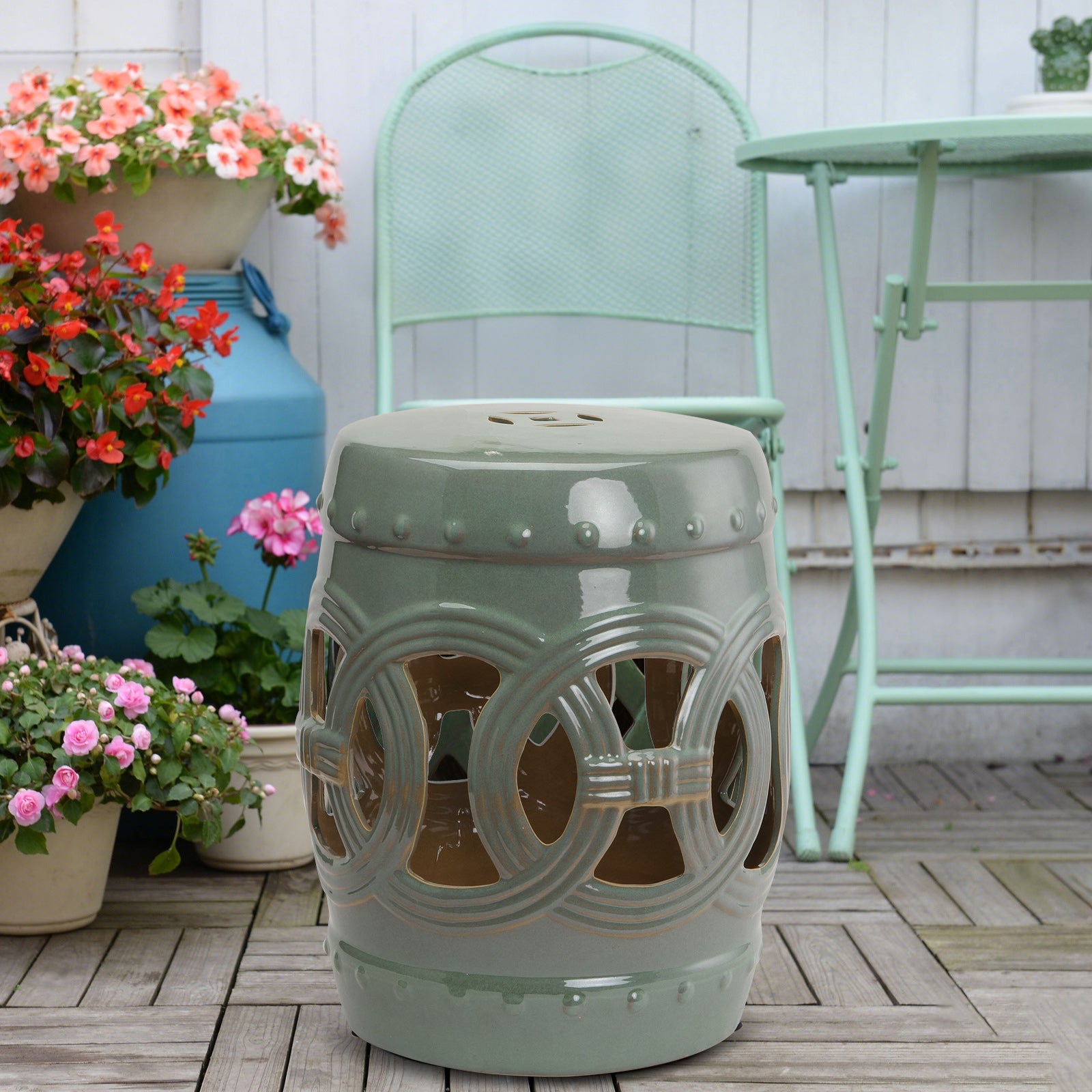 14" x 17" Ceramic Garden Stool with Double-Coin Knotted Ring Design, Glazed Decorative Outdoor Stool, Green