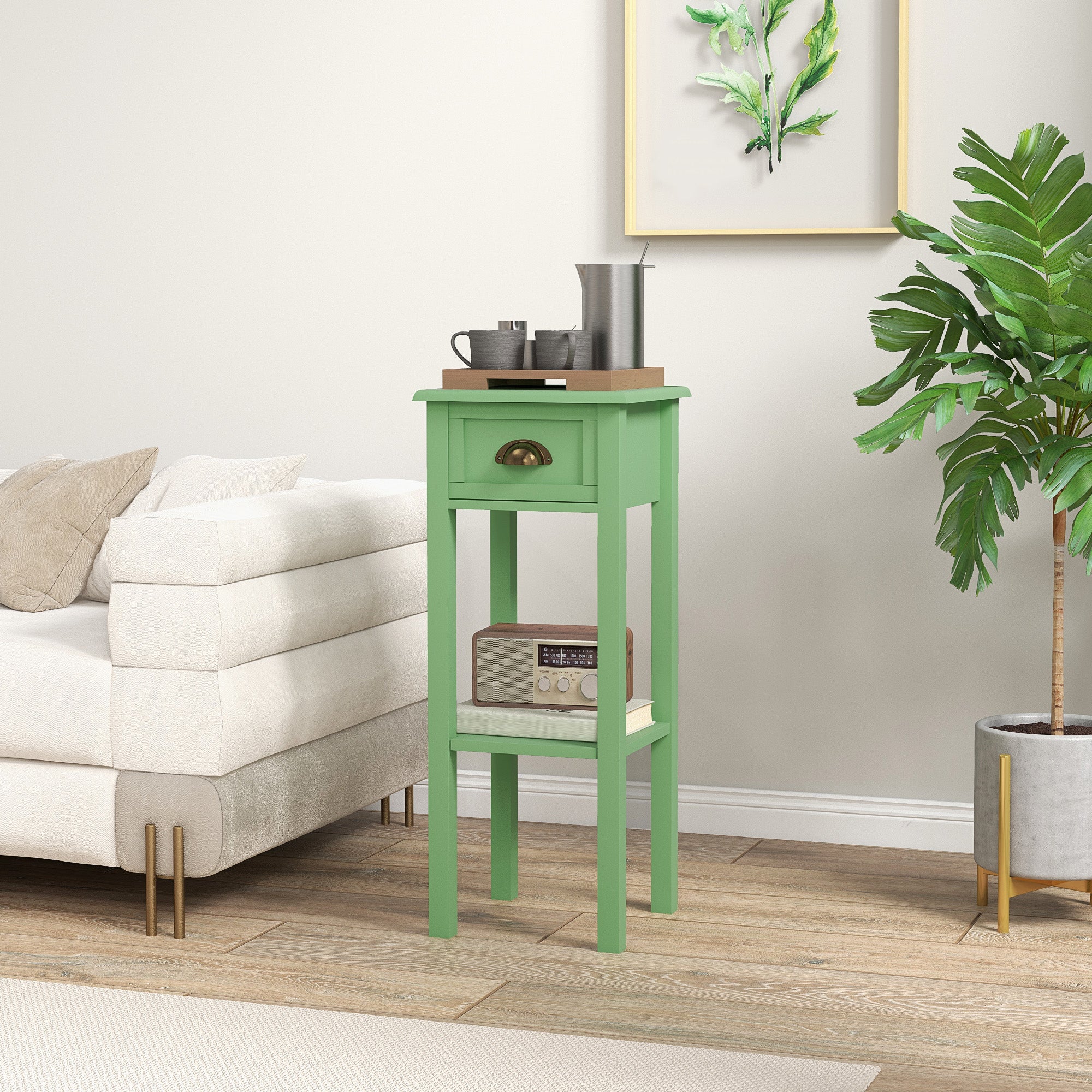 2-Tier Side Table with Drawer and Shelf, End Table for Living Room and Hallway, Green