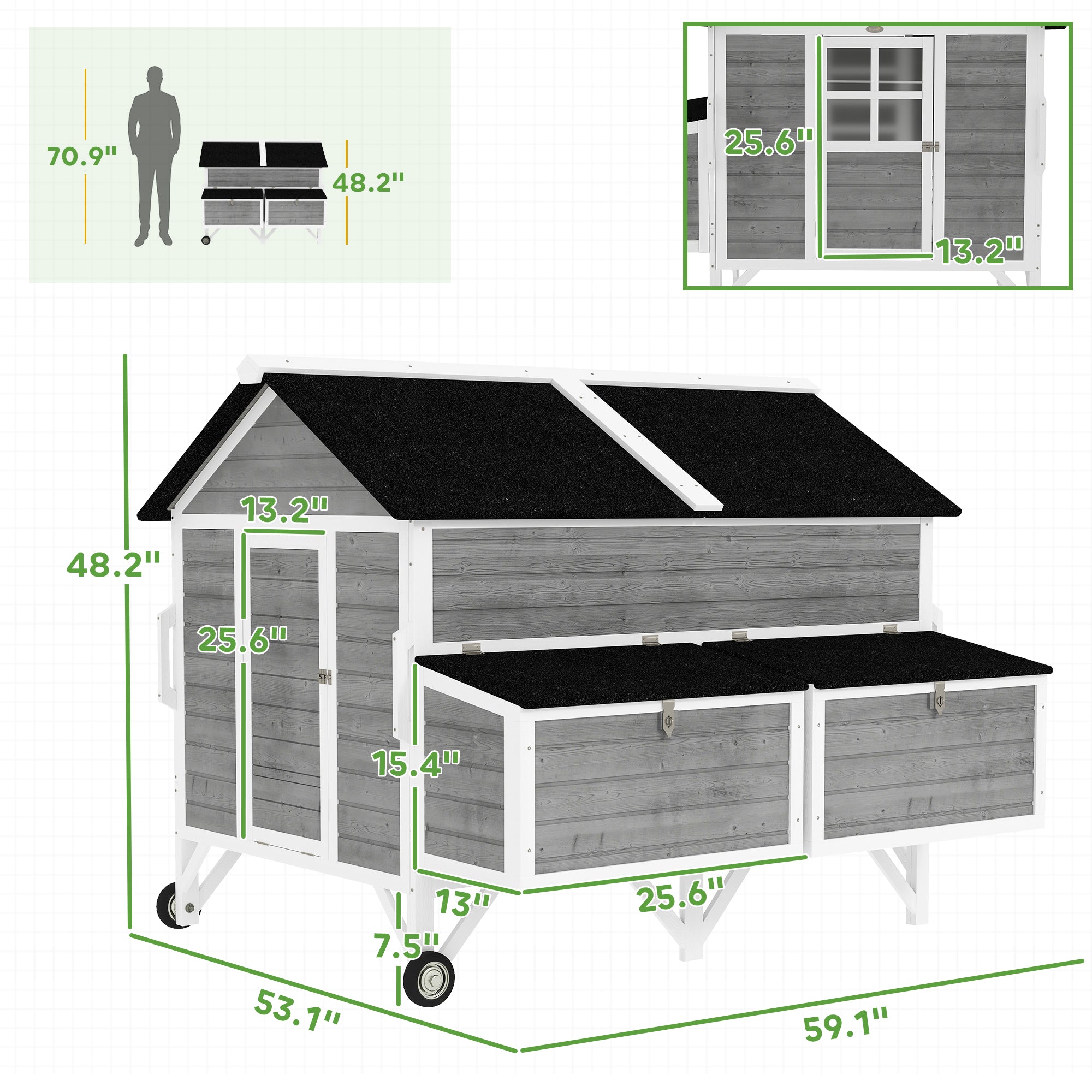 59" Wooden Chicken Coop w/ Wheels, Handles, 2 Nesting Boxes, 2 Trays, 4 Perches, Chicken Tractor for 4-6 Chickens, Gray
