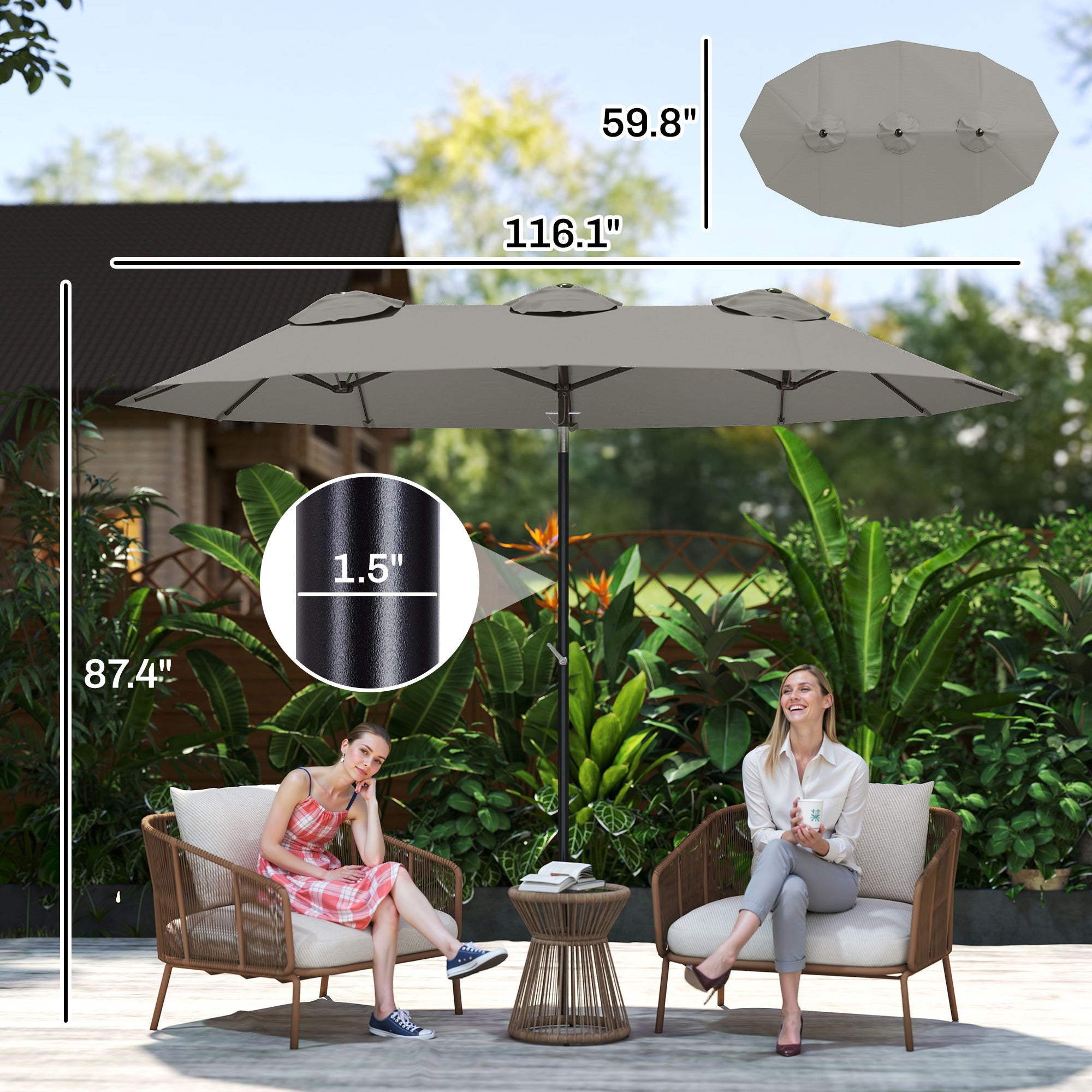 Double Sided Patio Umbrella, 9.7' Large Outdoor Market Umbrella with Push Button Tilt and Crank, 3 Air Vents and 12 Ribs, for Garden, Deck, Pool, Gray