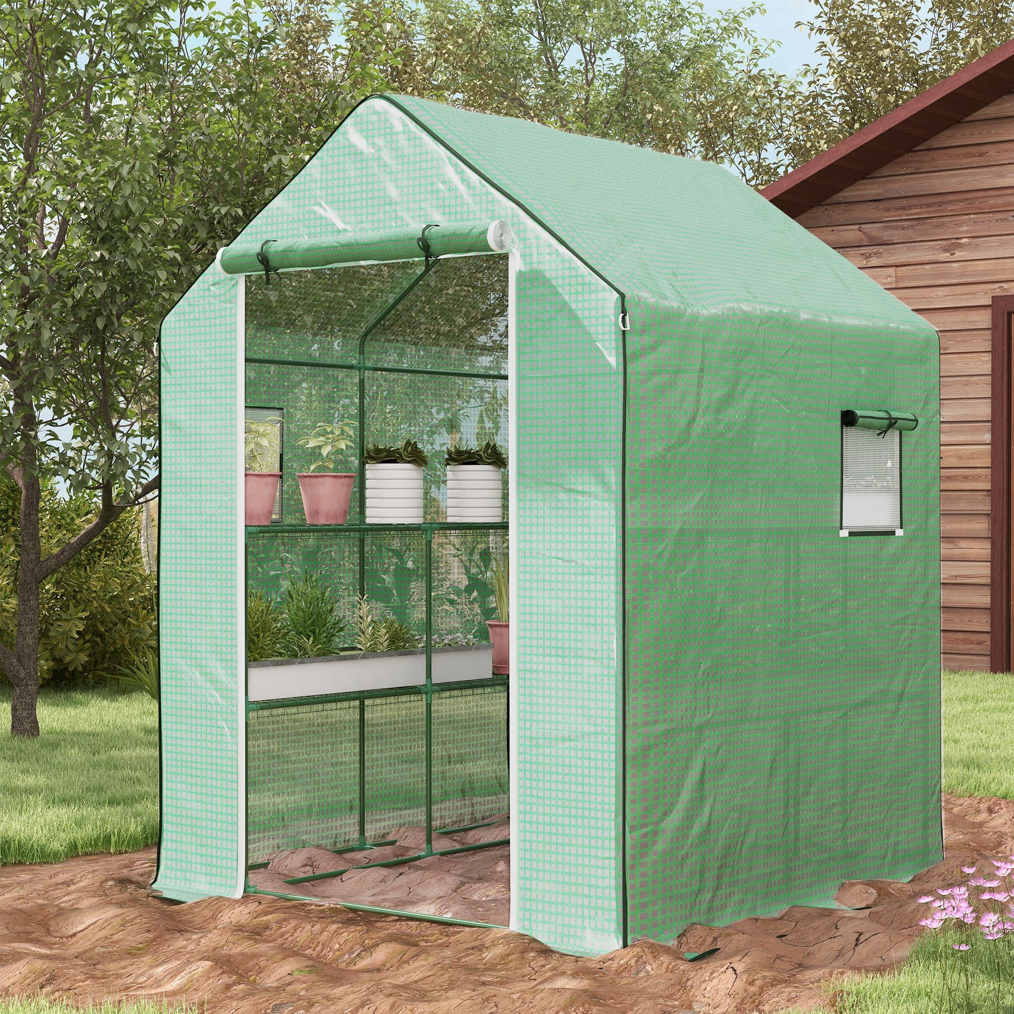 4.6' x 4.7' Portable Greenhouse, Water/UV Resistant Walk-In Small Outdoor Green House with 2 Tier U-Shaped Flower Rack Shelves, Roll Up Door & Windows, Green