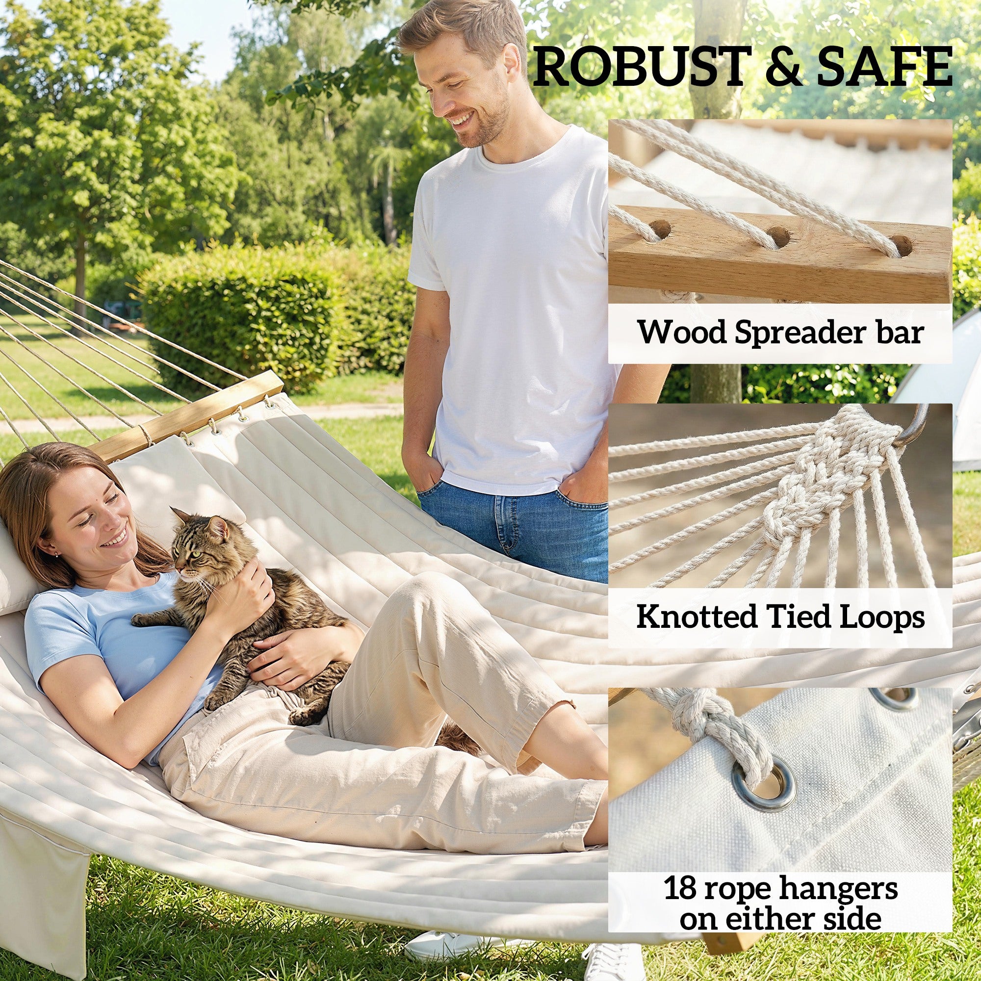 Outdoor Hammock 2-Person, with Pillow & Pad, 440 lbs Capacity, Cream White