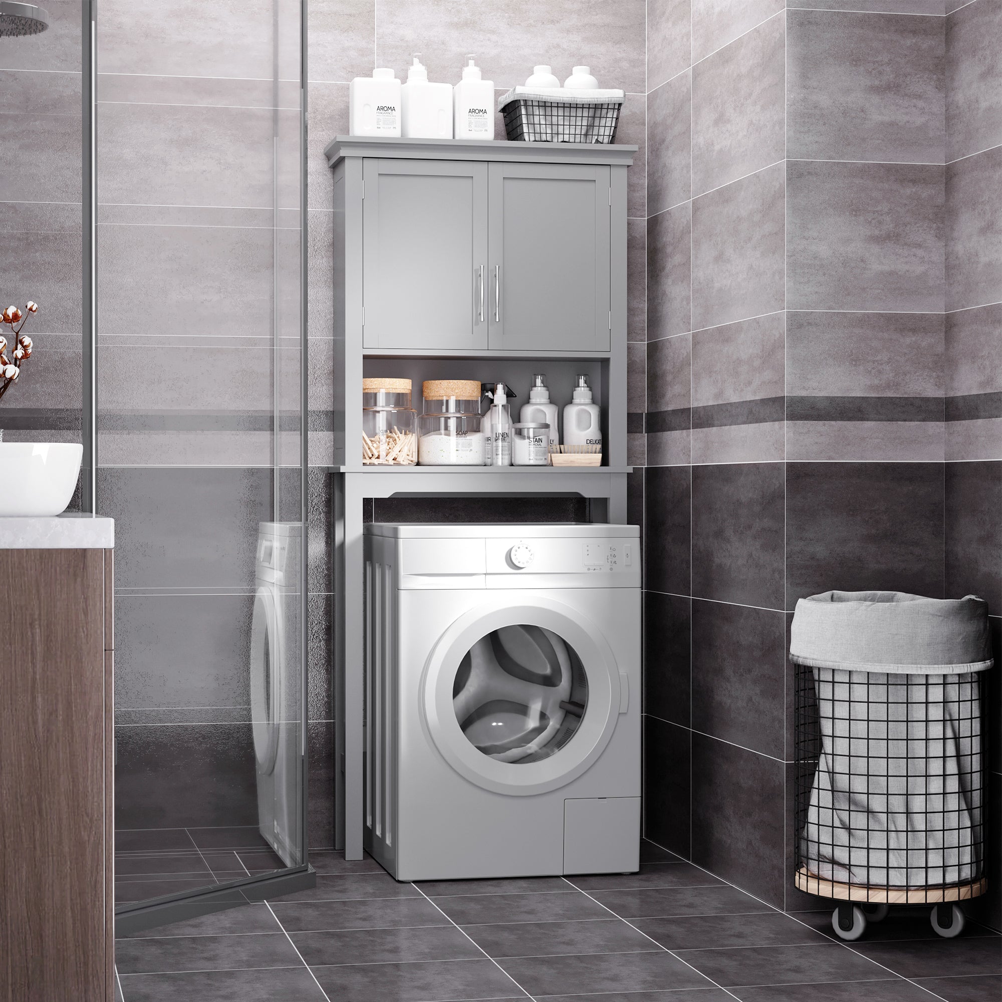 Modern Over The Toilet Storage Cabinet, Double Door Bathroom Organizer with Inner Adjustable Shelf and Open Shelf, Gray