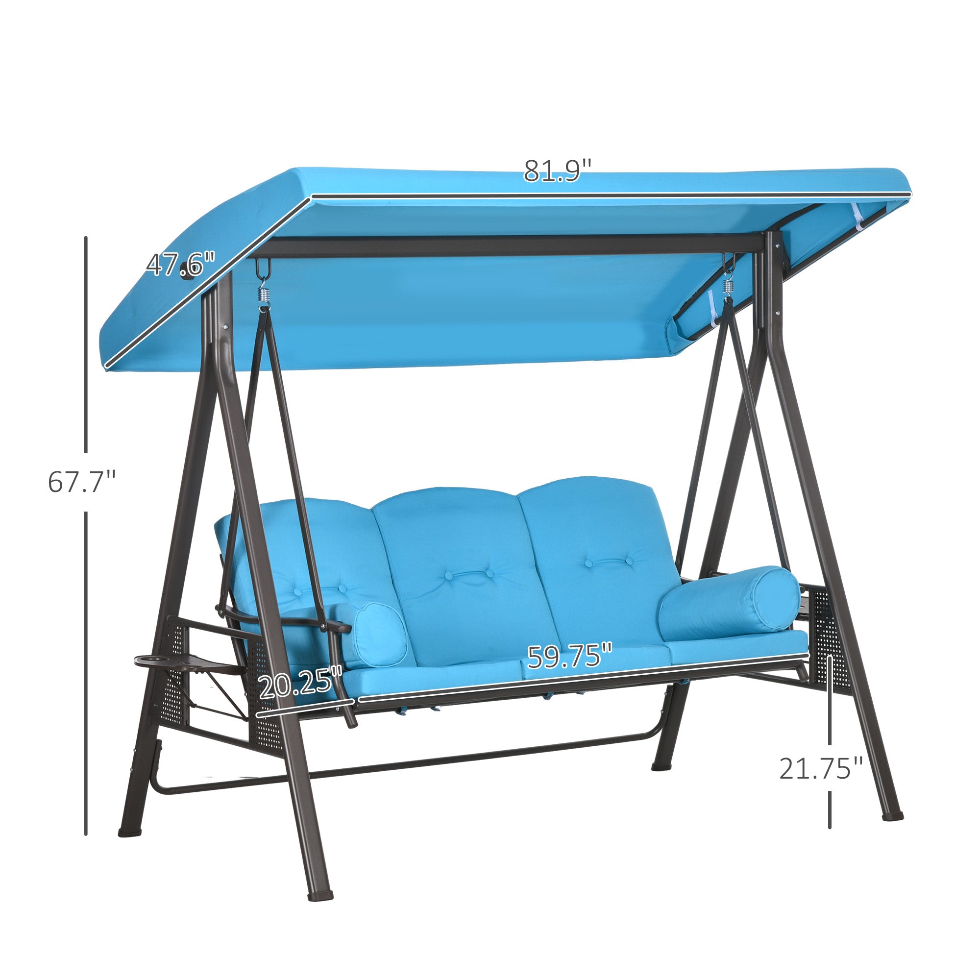 3-Seat Outdoor Porch Swing Chair with Adjustable Canopy, Cushion and Pillows for Garden, Poolside, Blue
