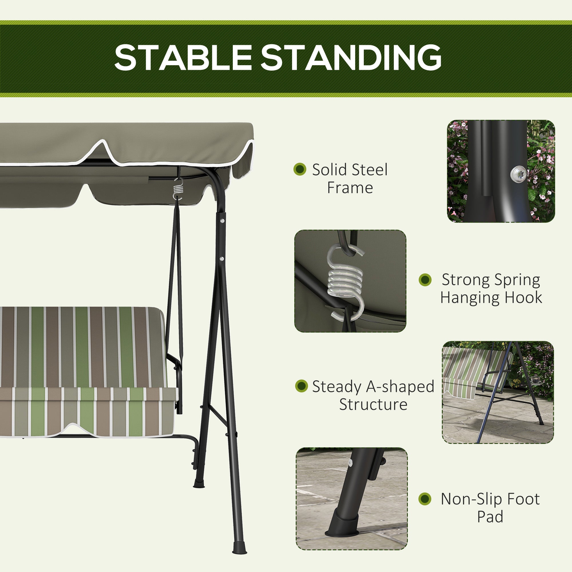 3-Seat Outdoor Patio Swing Chair w/ Cushion, Steel Frame Stand, Adjustable Tilt Canopy for Patio, Garden, Beige & Green