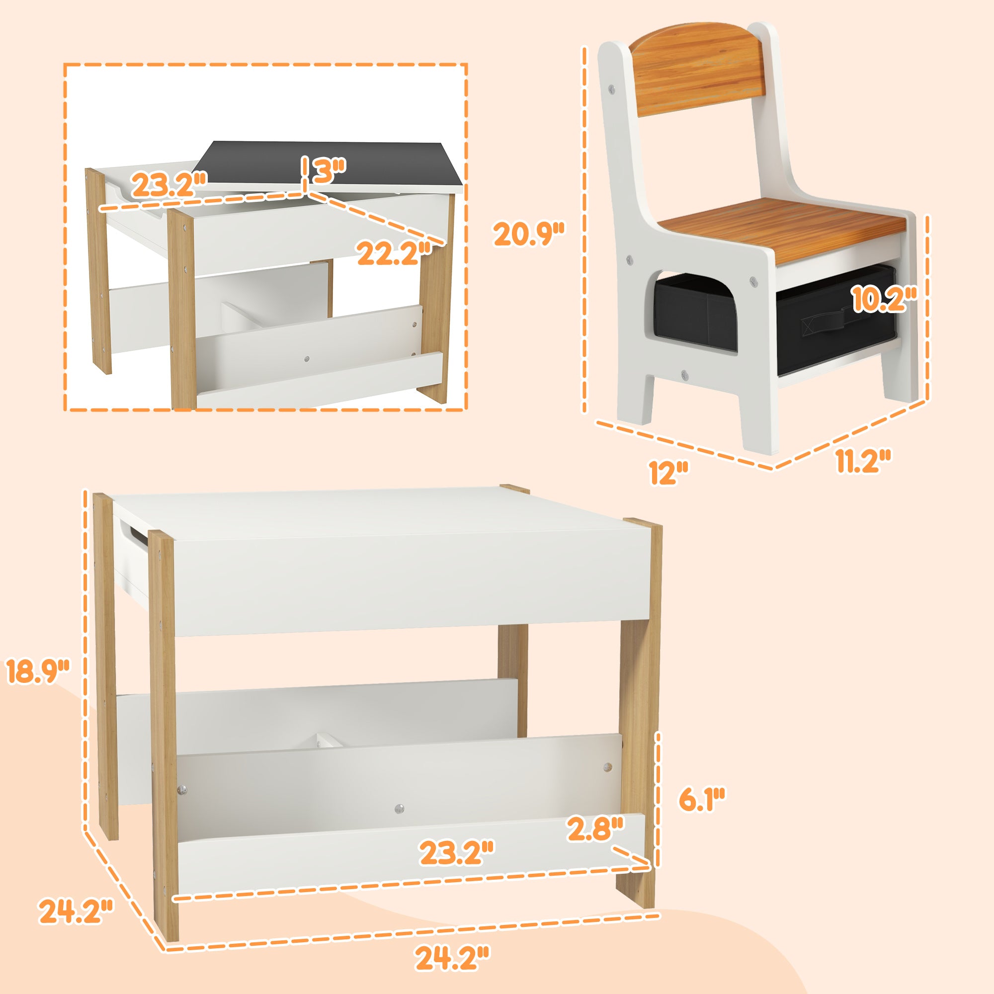 3pc Kids Table and Chair Set with Reversible Tabletop Blackboard, Storage & Bookshelves, Natural