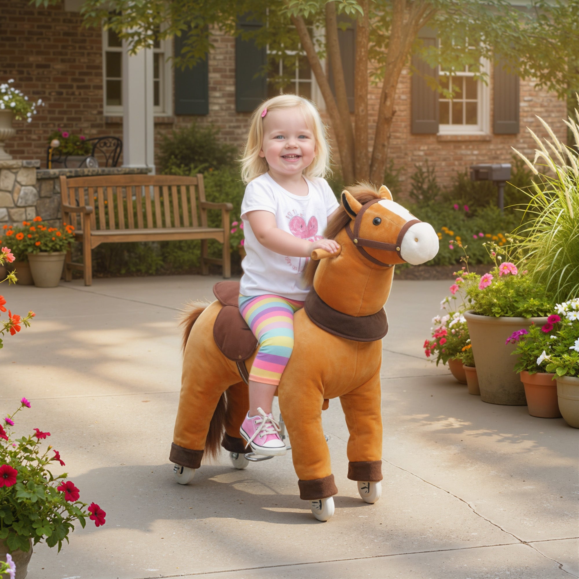 Ride on Horse, Plush Riding Pony for Ages 3-5, Walking Horse Animal with Wheels for Active Play, Dark Brown