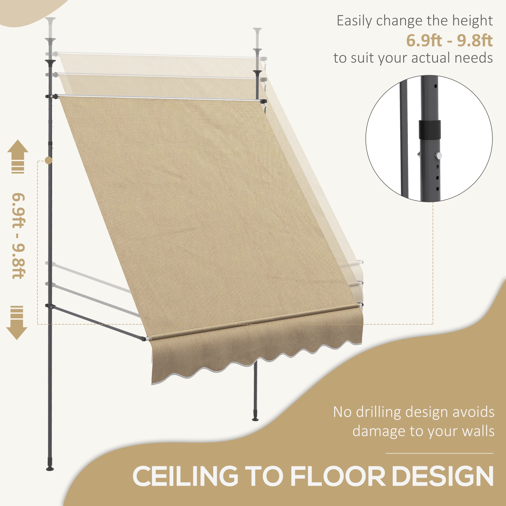 6.5' x 4' Manual Retractable Awning, Non-Screw Patio Awning, UV Resistant for Window or Door, Beige