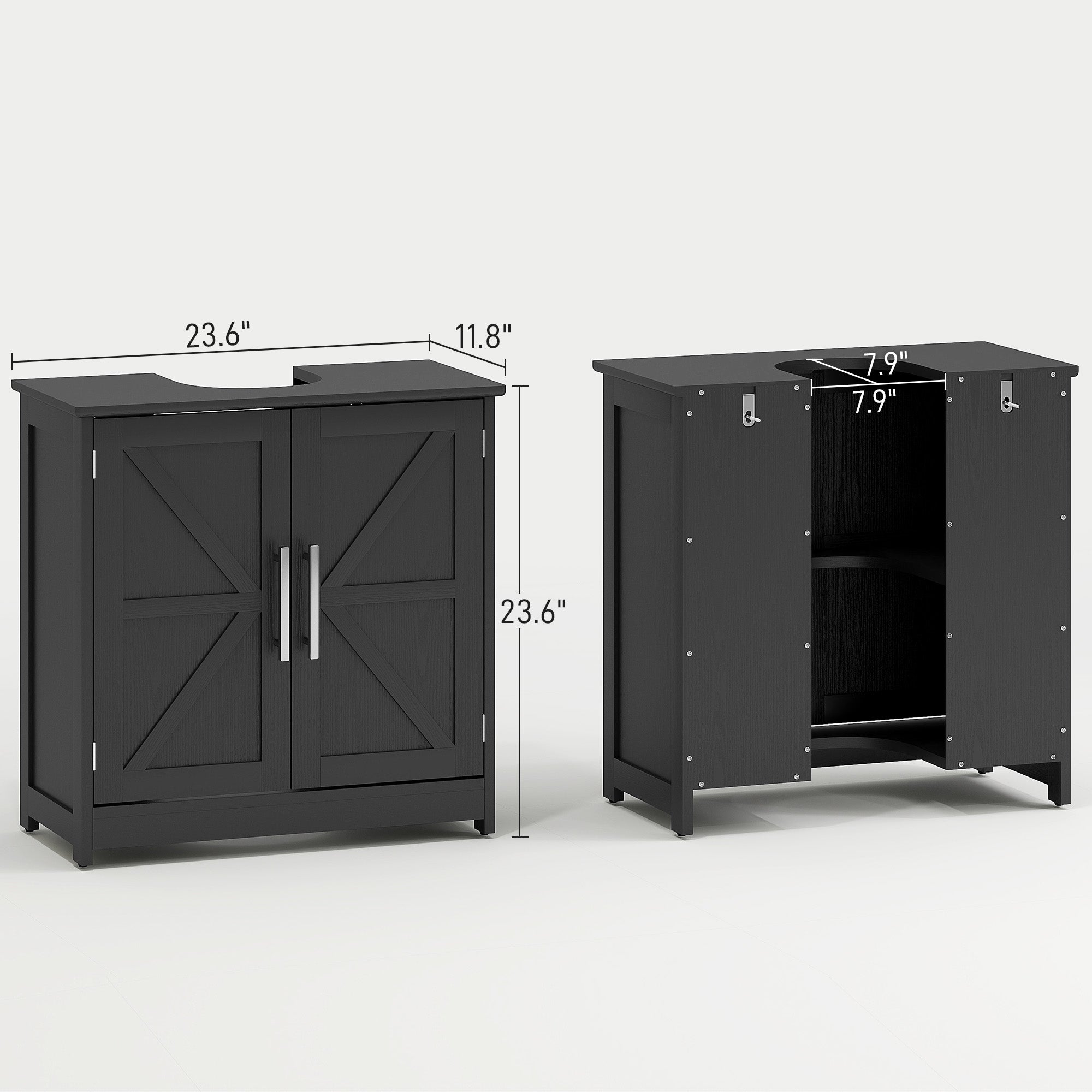 Farmhouse Pedestal Sink Storage Cabinet, Bathroom Sink Cabinet with 2 Barn Doors and Adjustable Shelf, Distressed Black