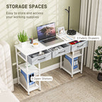 47" Small Computer Desk, Writing Desk with Fabric Drawers, Home Office Desk with Adjustable Shelves, White