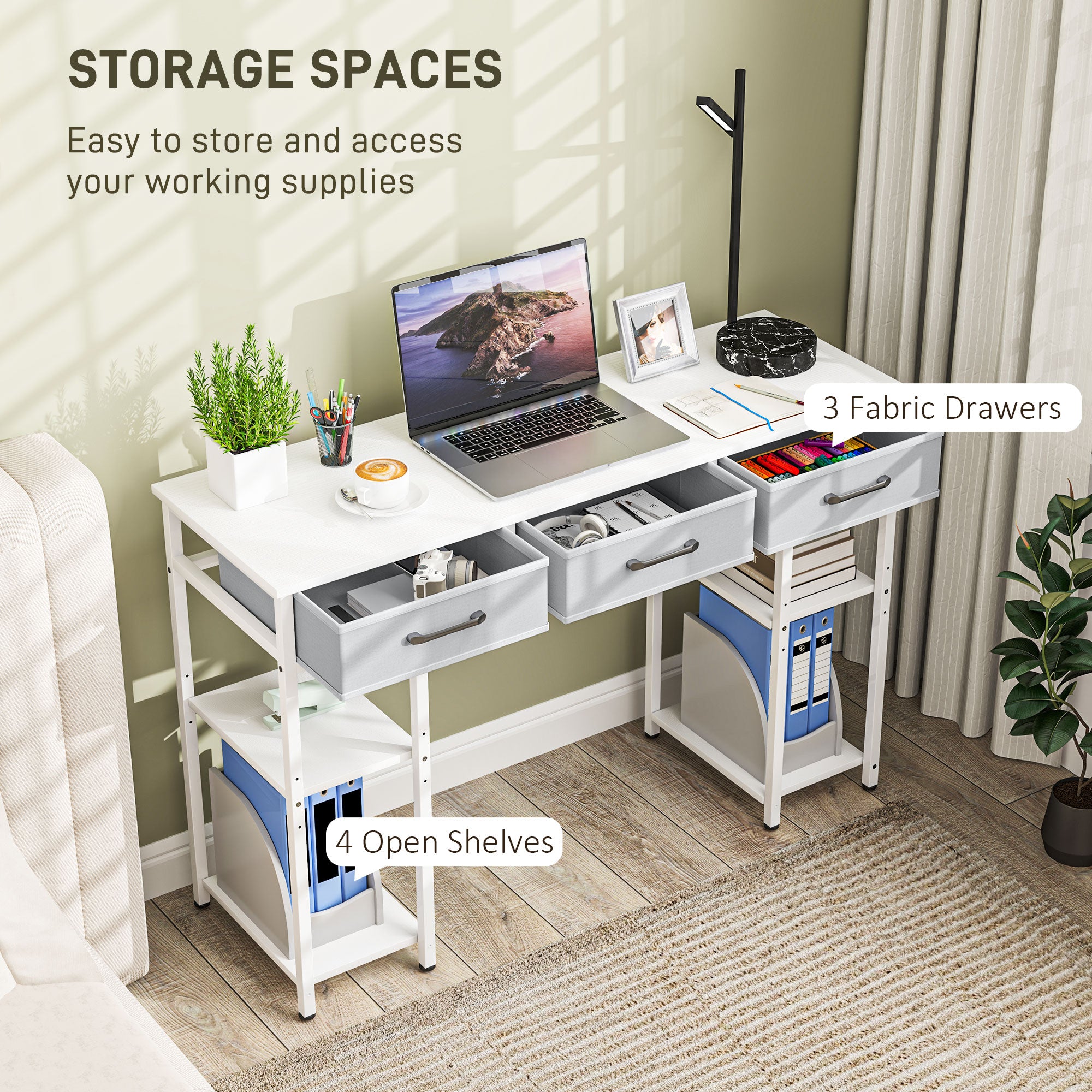 47" Small Computer Desk, Writing Desk with Fabric Drawers, Home Office Desk with Adjustable Shelves, White