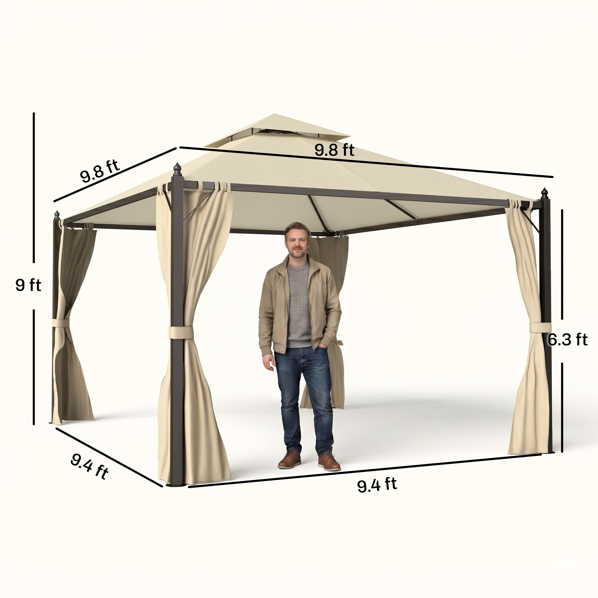 10' x 10' Steel Outdoor Patio Gazebo with Polyester Privacy Curtains, Two-Tier Roof for Air, Large Design