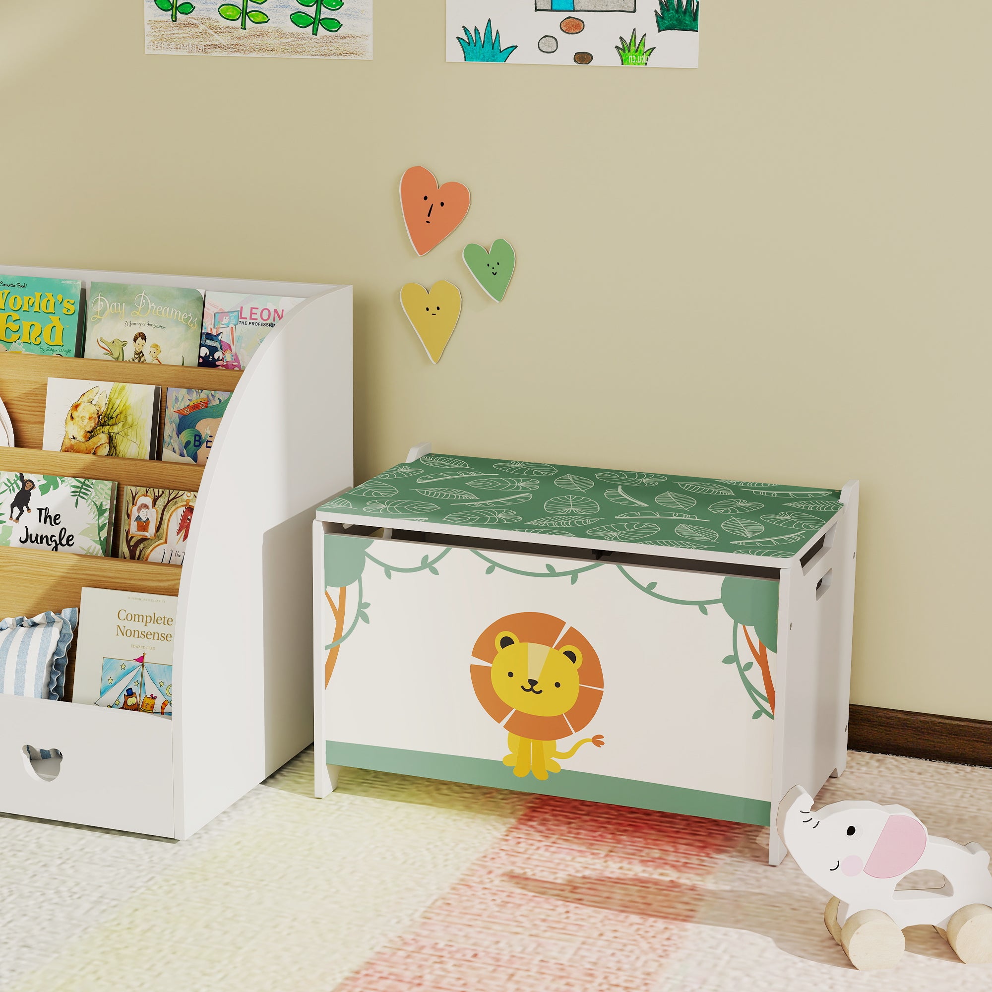 Toy Box with Lid, Safety Hinges and Groove Handles, Toy Storage Organizer for Kids, Living Room, Playroom, Green