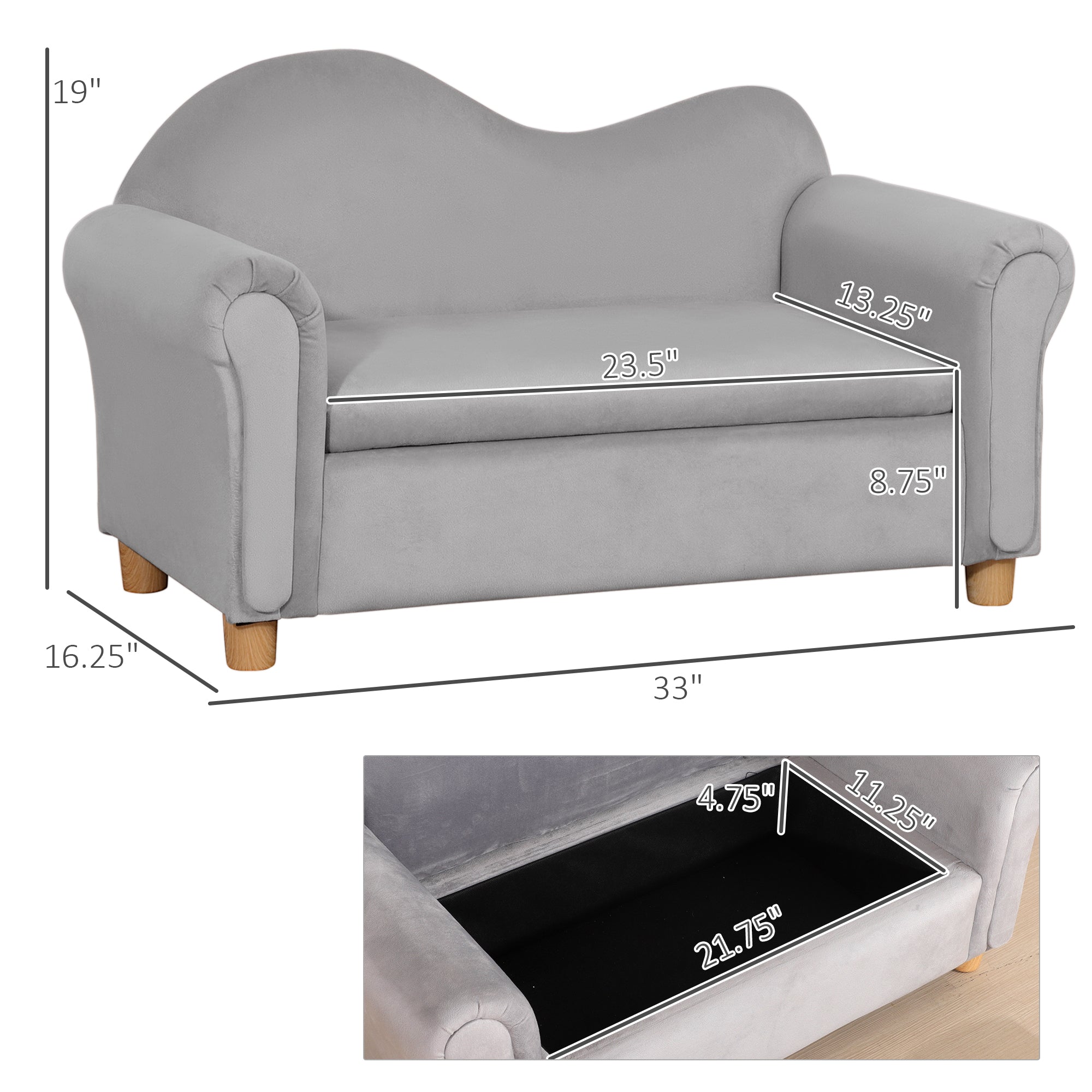 Ergonomic Foam Kids Sofa with Inner Toy Storage Chest, Velvet Kids Couch with Soft Arms, Children's Lounge Furniture, 33" x 16.25" x 19", Gray