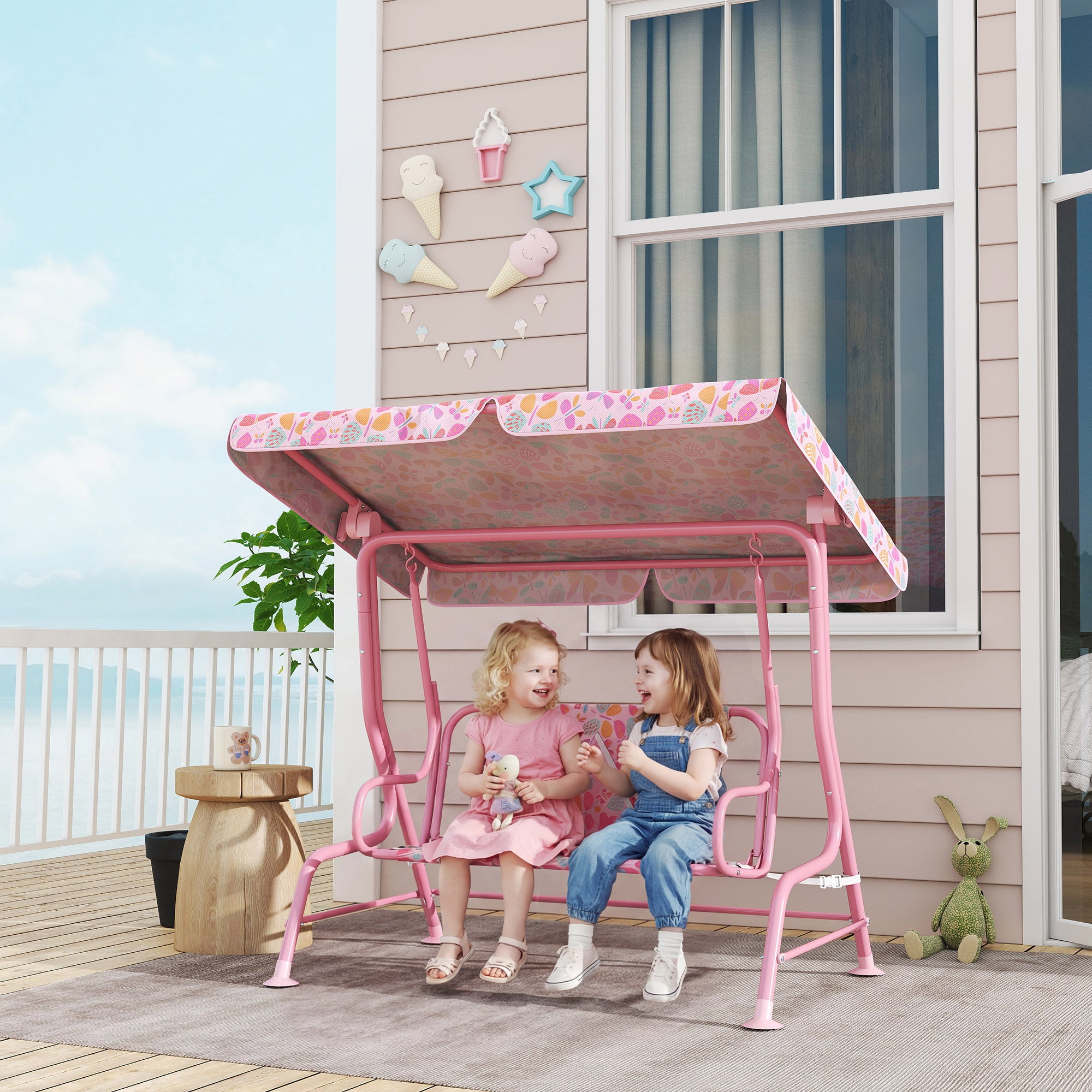 Kids Patio Swing, 2-Seater Outdoor Porch Swing with Safety Belt and Adjustable Canopy for Backyard Garden, Pink
