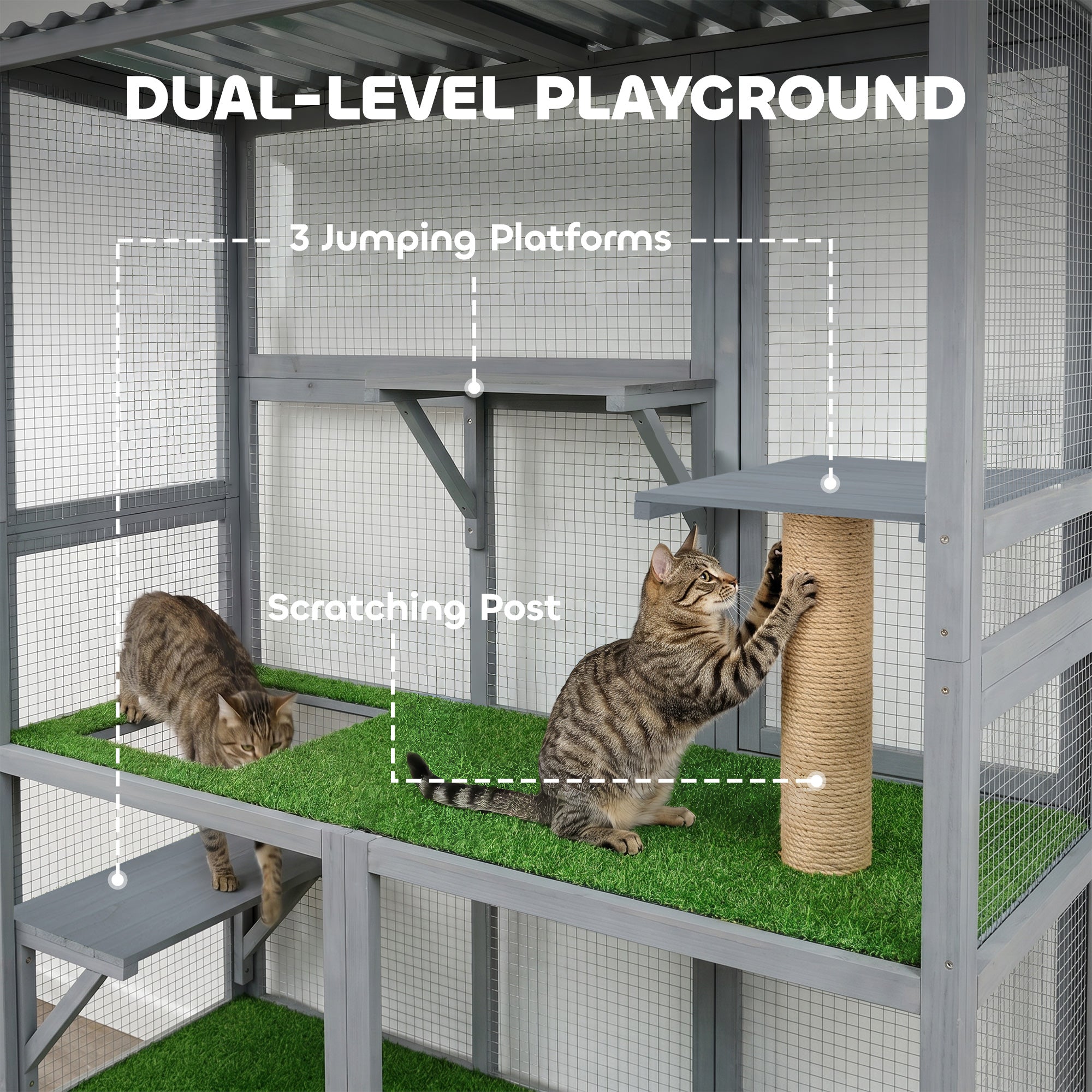 Catio Outdoor Cat Enclosure, 77" H Wooden Cat House with Weatherproof Roof, Platforms and Scratching Post