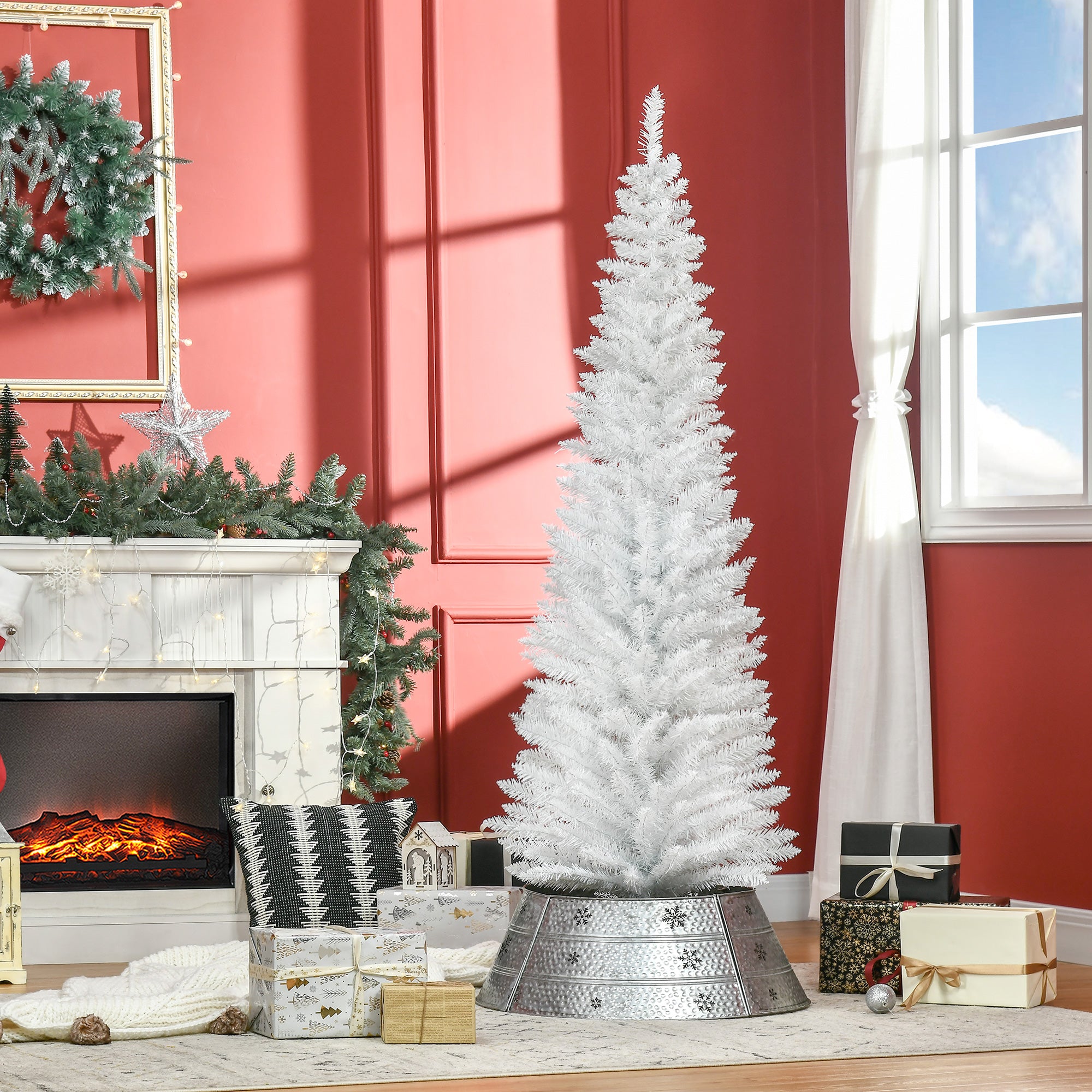 6ft Unlit Pencil Artificial Christmas Tree with Realistic Branches and 390 Tips, Plastic Base, White