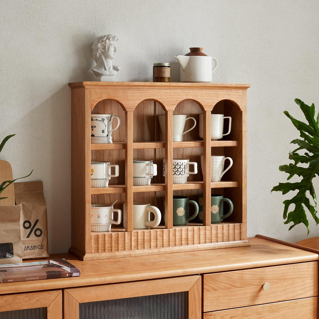 Solid Cup Storage Rack with Ample Shelving & Eco-Friendly Finish, Durable Cabinet for Dining Space, 24.5″ L x 6″ W x 22″ H, Natural Cherry