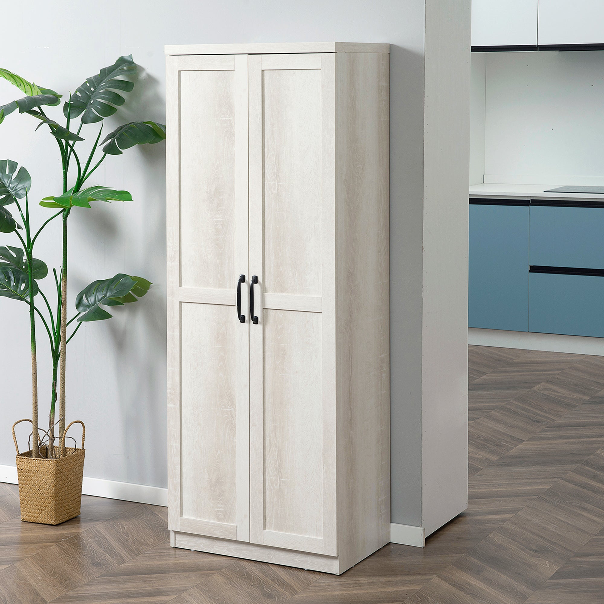 63" 2-Door Kitchen Pantry, Freestanding Storage Cabinet with 5-tier Shelving and 2 Adjustable Shelves for Dining Room, Antique White