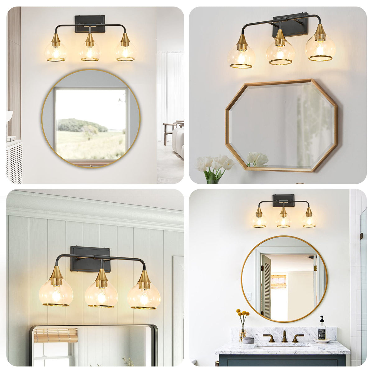 23" Industrial 3-Light Vanity Wall Sconce with Clear Glass Shades, Wall Mounted Lamp for Bathroom, Bedroom, 23" L x 8" W x 11" H, Black+Gold