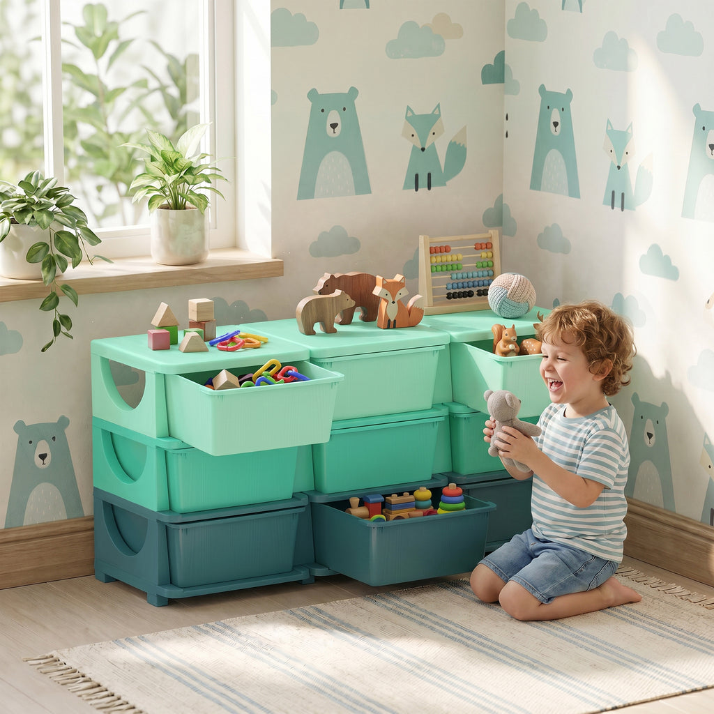 3 Tier Kids Storage Organizer with 9 Drawers for Bedroom, Nursery, Kindergarten, Living Room, Boys and Girls, Green