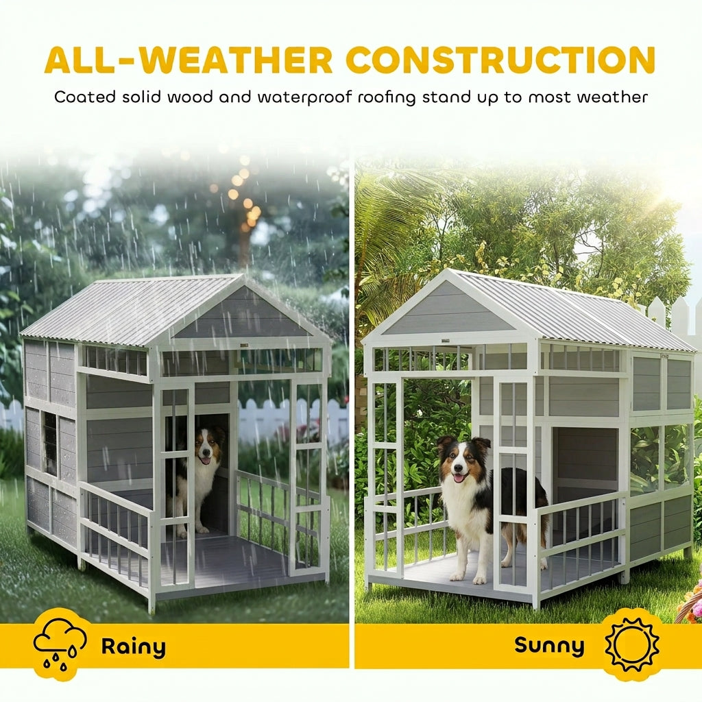 79"L Large Dog House Outdoor, Wooden Dog Kennel with Porch, Storage Cabinet,Weatherproof Roof, Windows