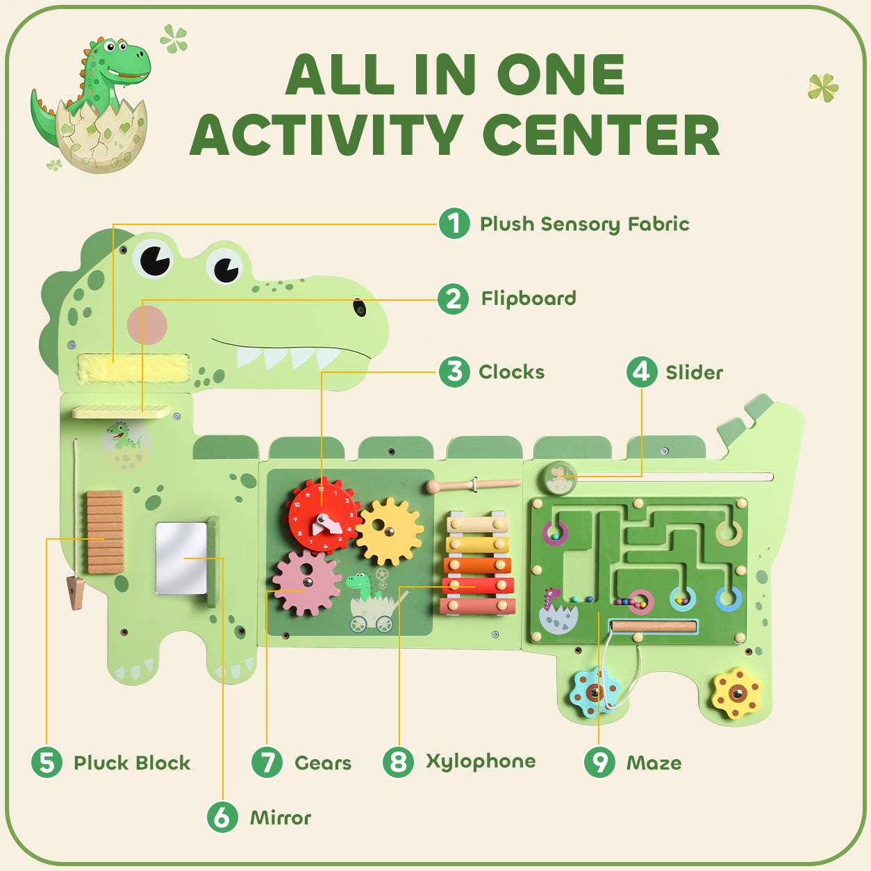 Busy Board Panels Wall-Mounted Montessori Sensory Toys Sensory Wall MDF 87 x 52 x 5.5 cm Dinosaur, Green