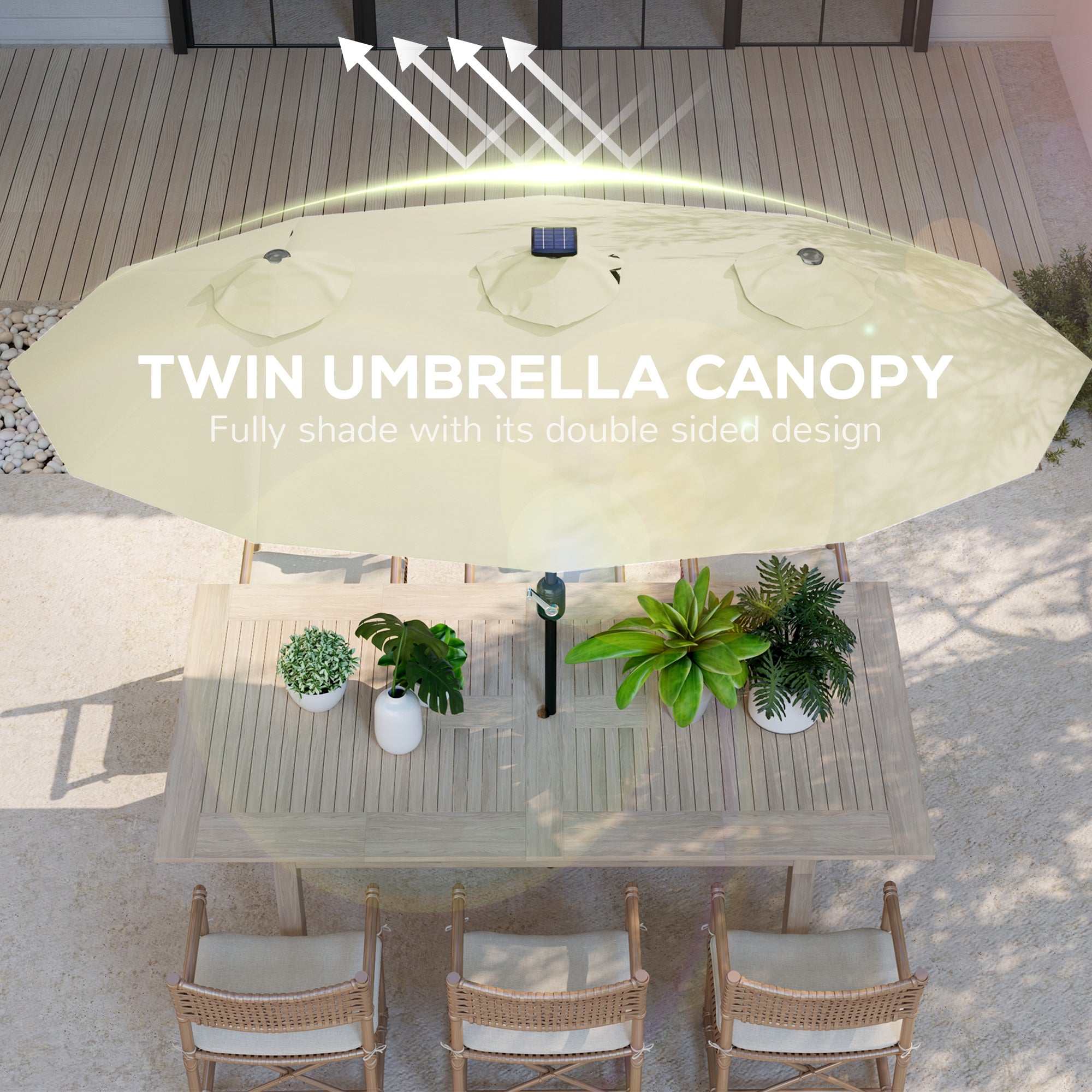 Double-sided Patio Umbrella, 9.7' Outdoor Umbrella with Tilt and Crank, LED Solar Light and 12 Ribs, Cream White