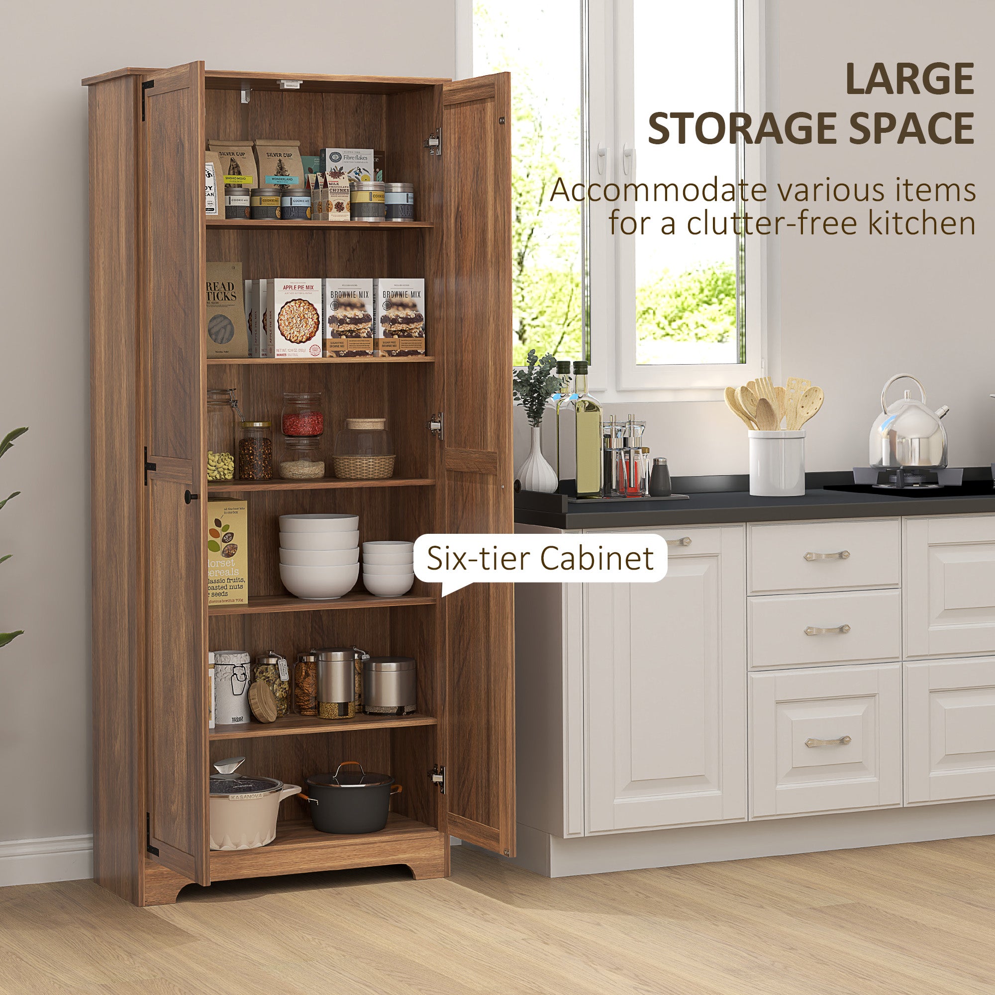72" Farmhouse Pantry Cabinet, Freestanding Food Pantry Cabinet with Adjustable Shelves, Brown
