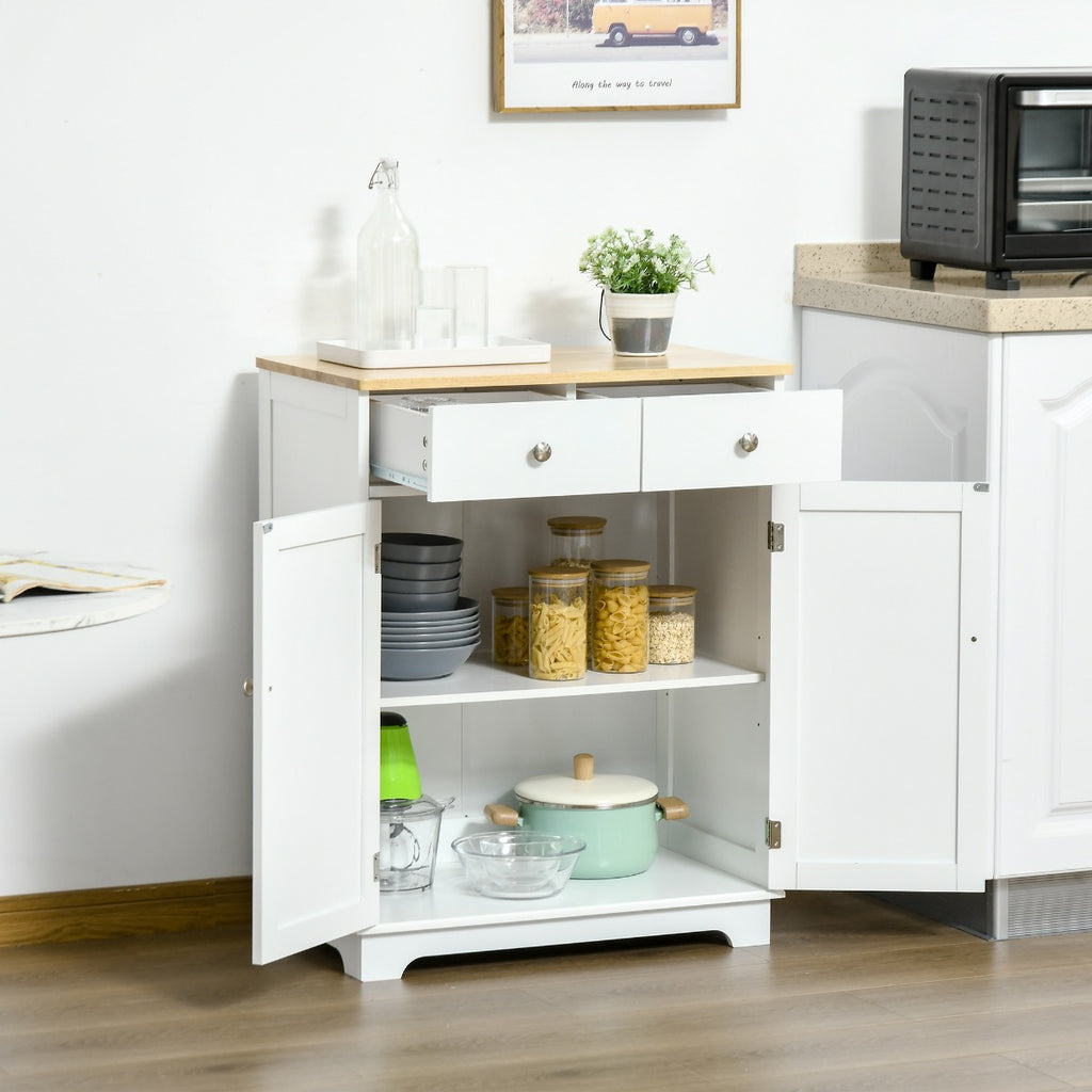 Kitchen Storage Cabinet, Sideboard Floor Cupboard with Solid Wood Top, Adjustable Shelf, and 2 Drawers for Living Room, and Hallway, White