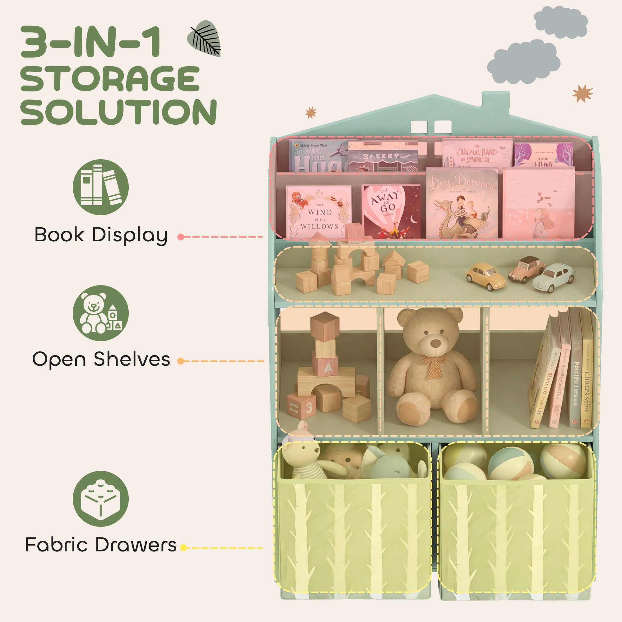 Kids Bookshelf with Storage, Toy Storage Unit with Book Display, Shelves and Fabric Drawers for Playroom Nursery, Green