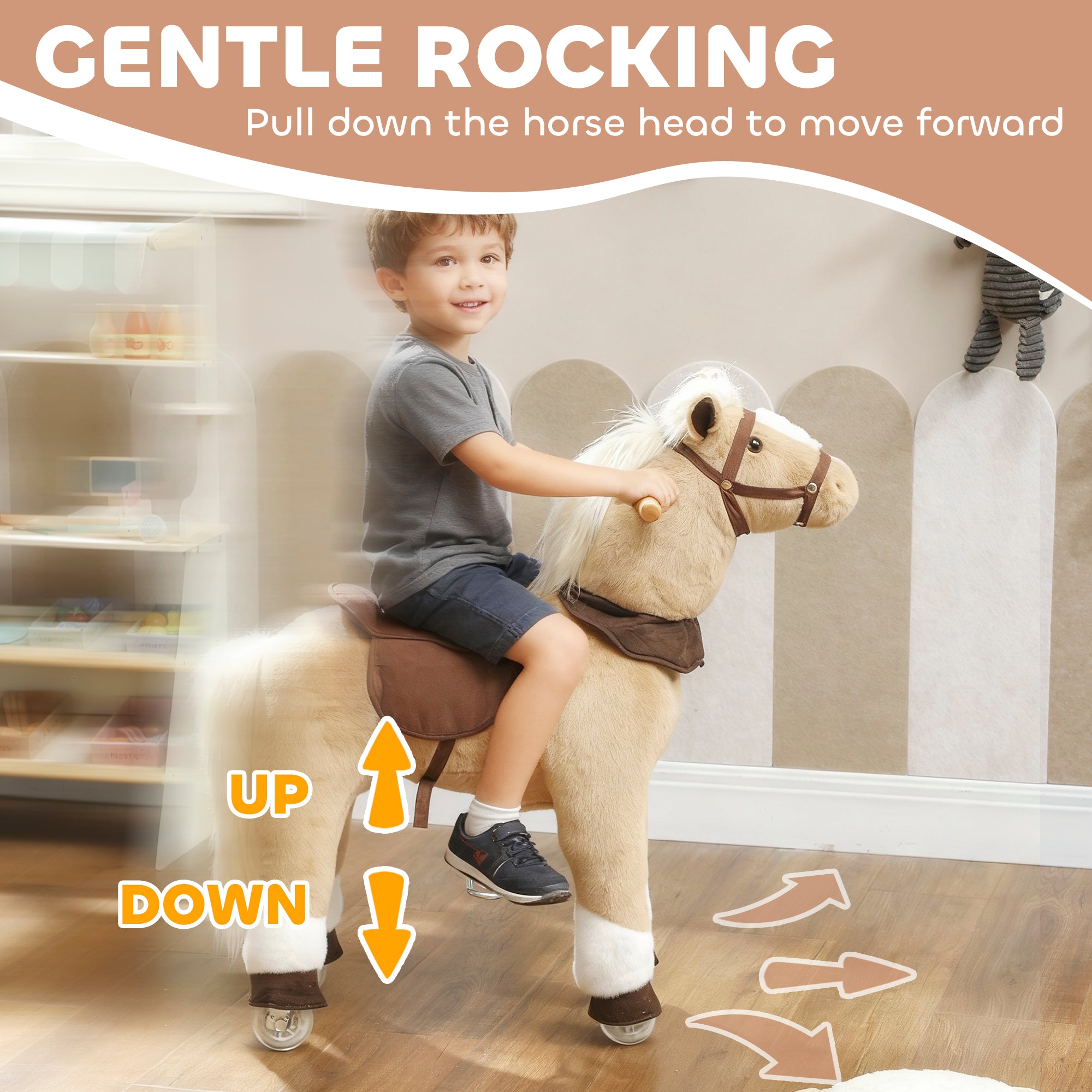 Ride on Horse, Plush Riding Pony for Ages 3-5, Walking Horse Animal with Wheels for Active Play, Brown