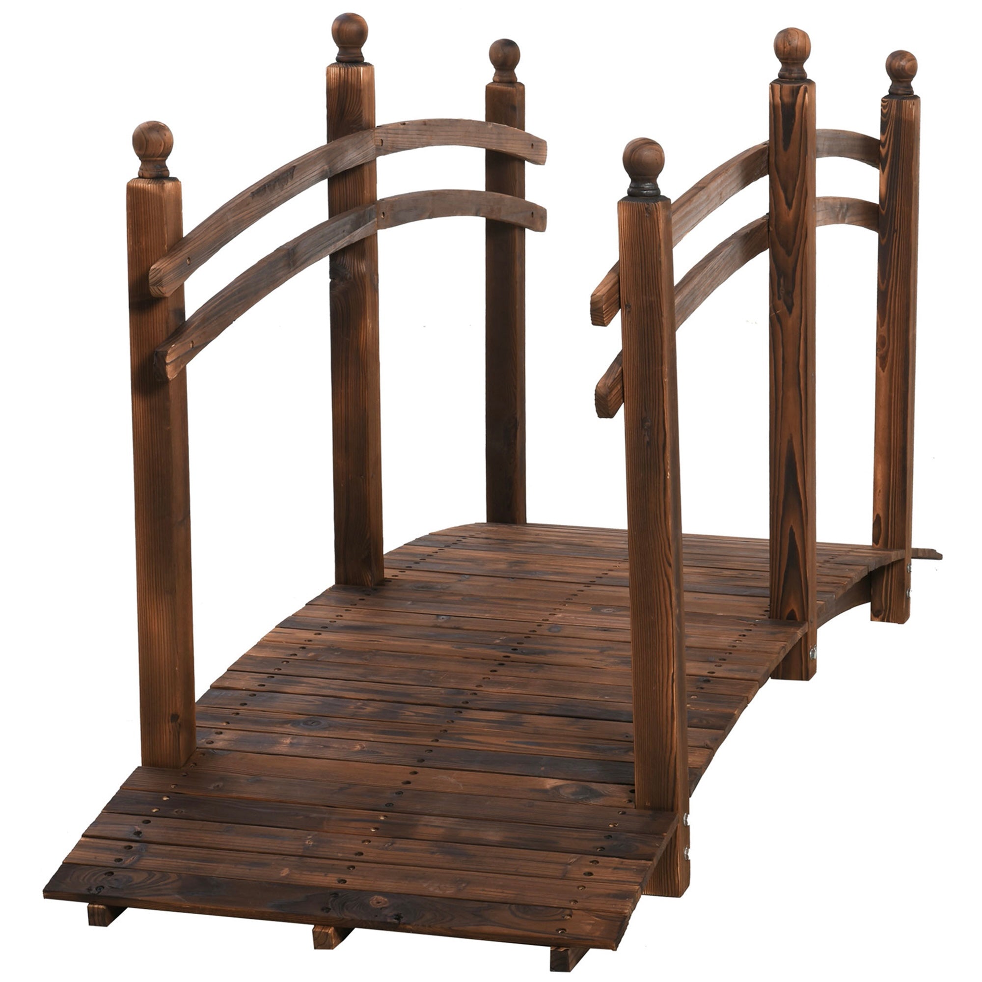7.5' Fir Wood Garden Bridge Arc Walkway with Side Railings, Perfect for Backyards, Gardens, & Streams, Carbonized