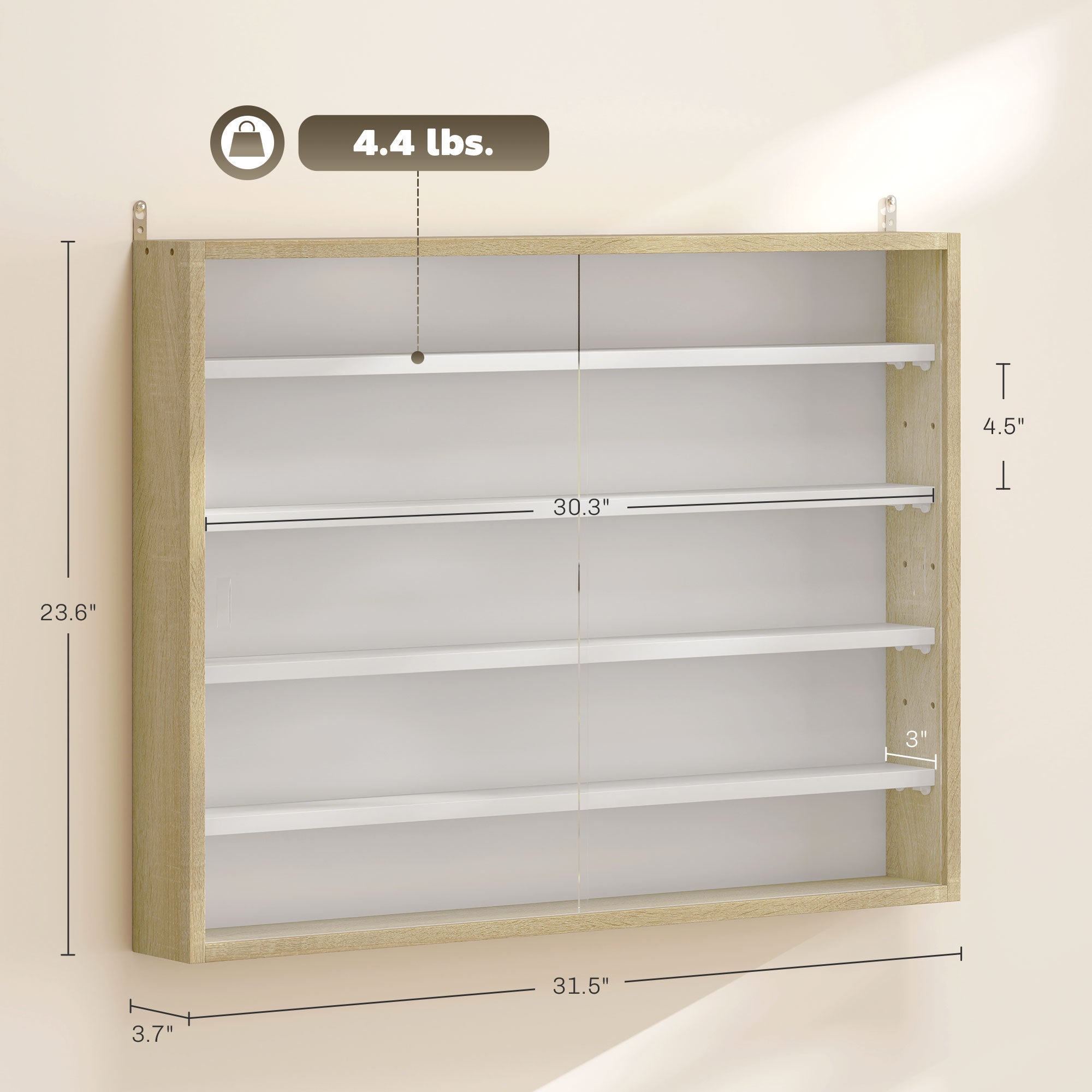 5-Tier Display Cabinet, Wall-Mounted Display Case with 2 Glass Doors and Adjustable Shelves, Oak and White