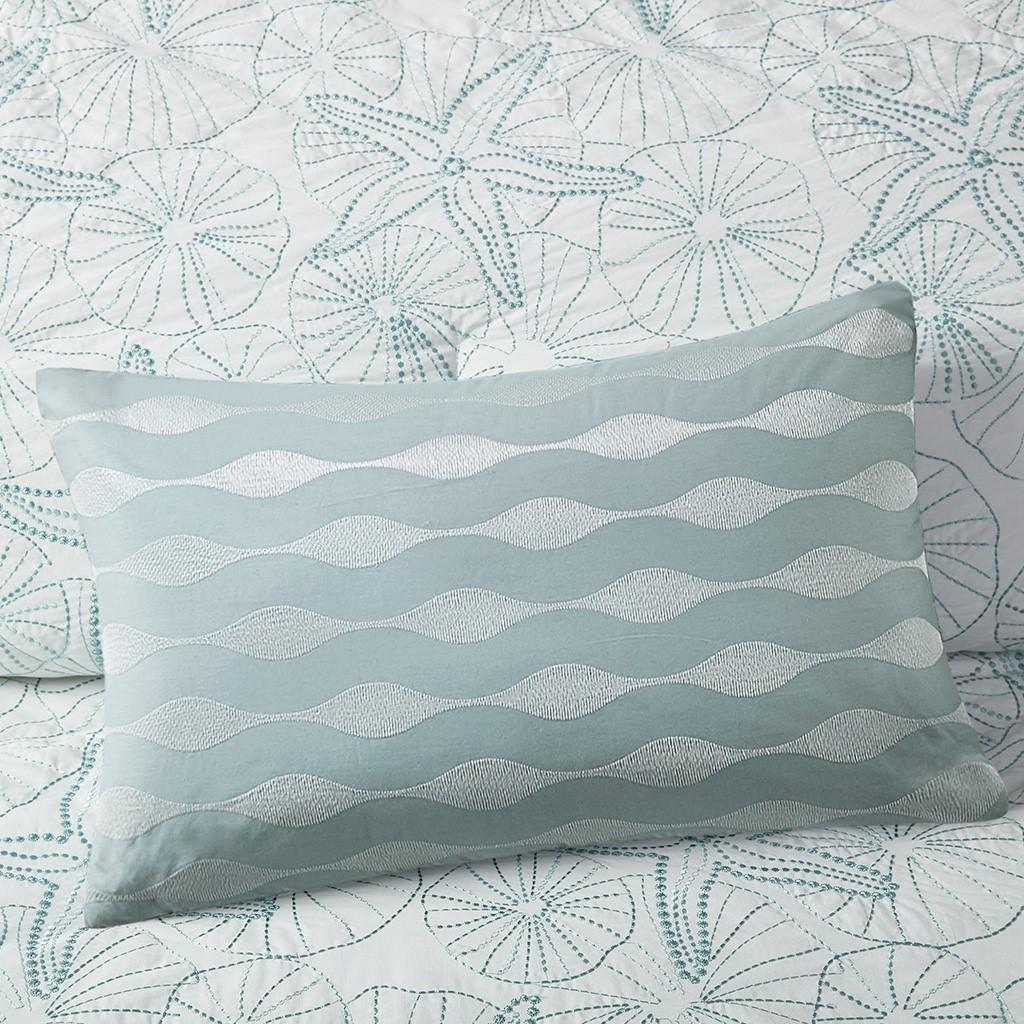 100% Cotton Oblong Decorative Pillow with Wavy Embroidery, Hypoallergenic Polyester Fill, Perfect for Bedroom Decor, 20" L x 12" W x 5" H, Blue