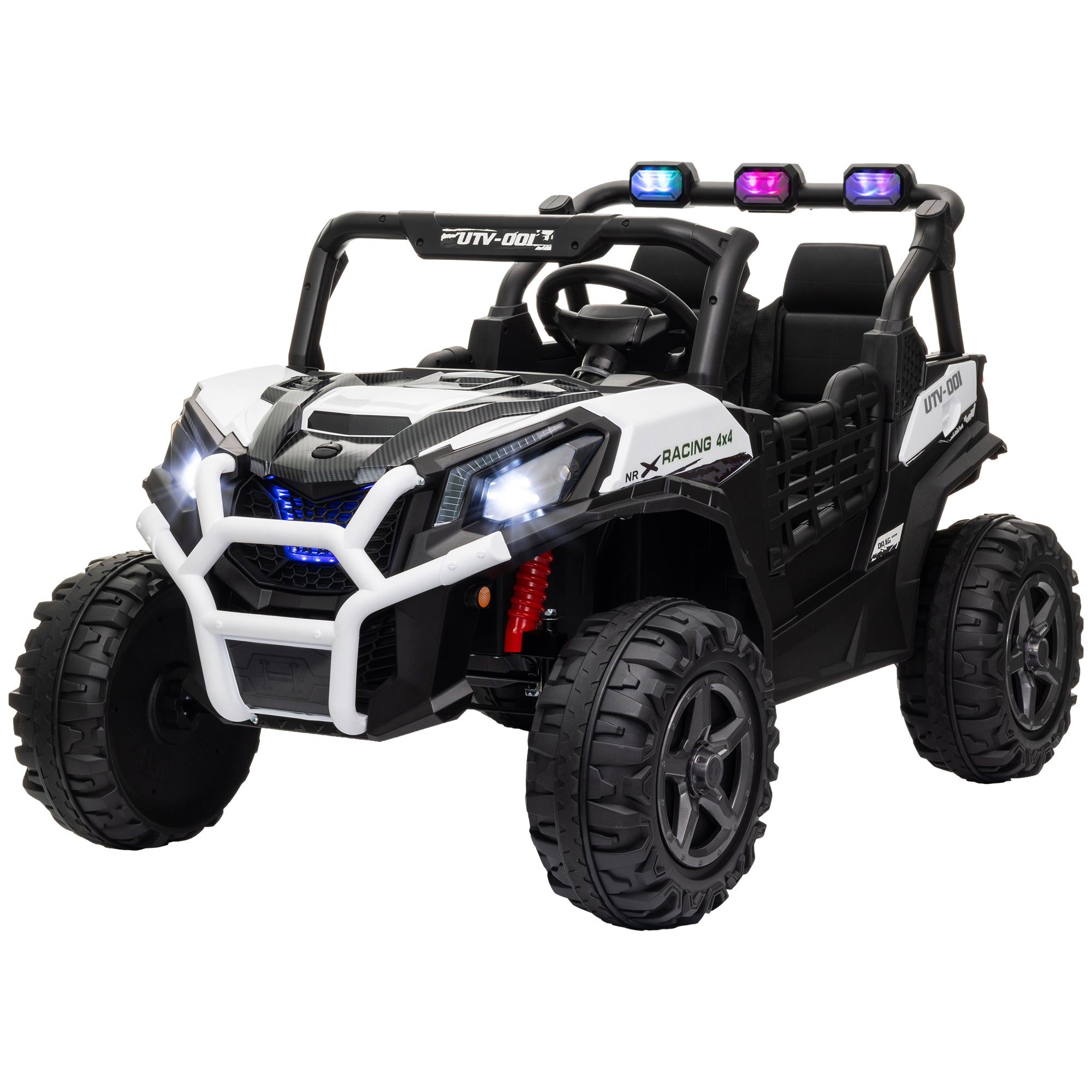 2 Seater 24V Kids Electric Car w/ Remote Control, 3 Speed, LED Lights, Music, Horn, Spring Suspension, Slow Start, White