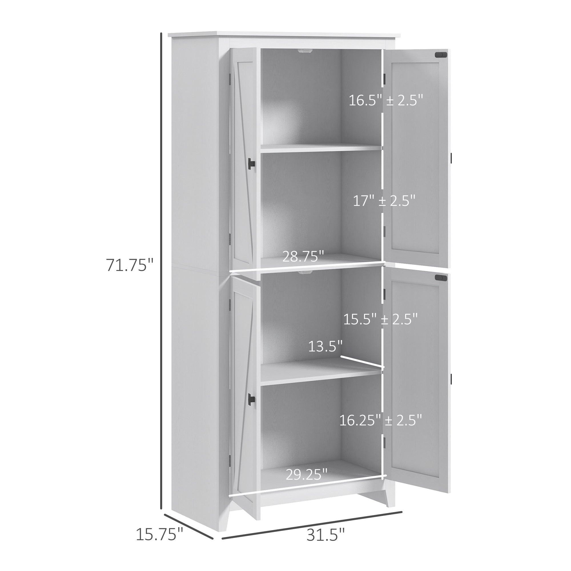 72" Freestanding Kitchen Pantry Cabinet, Farmhouse Tall Storage Cabinet with 4 Door Cabinets and Adjustable Shelves for Dining Room, White