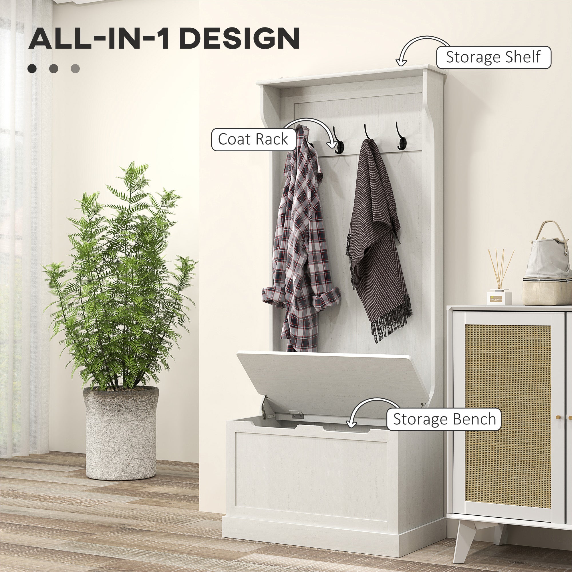 Hall Tree with Coat Rack, Storage, and Sitting Bench, Cream White