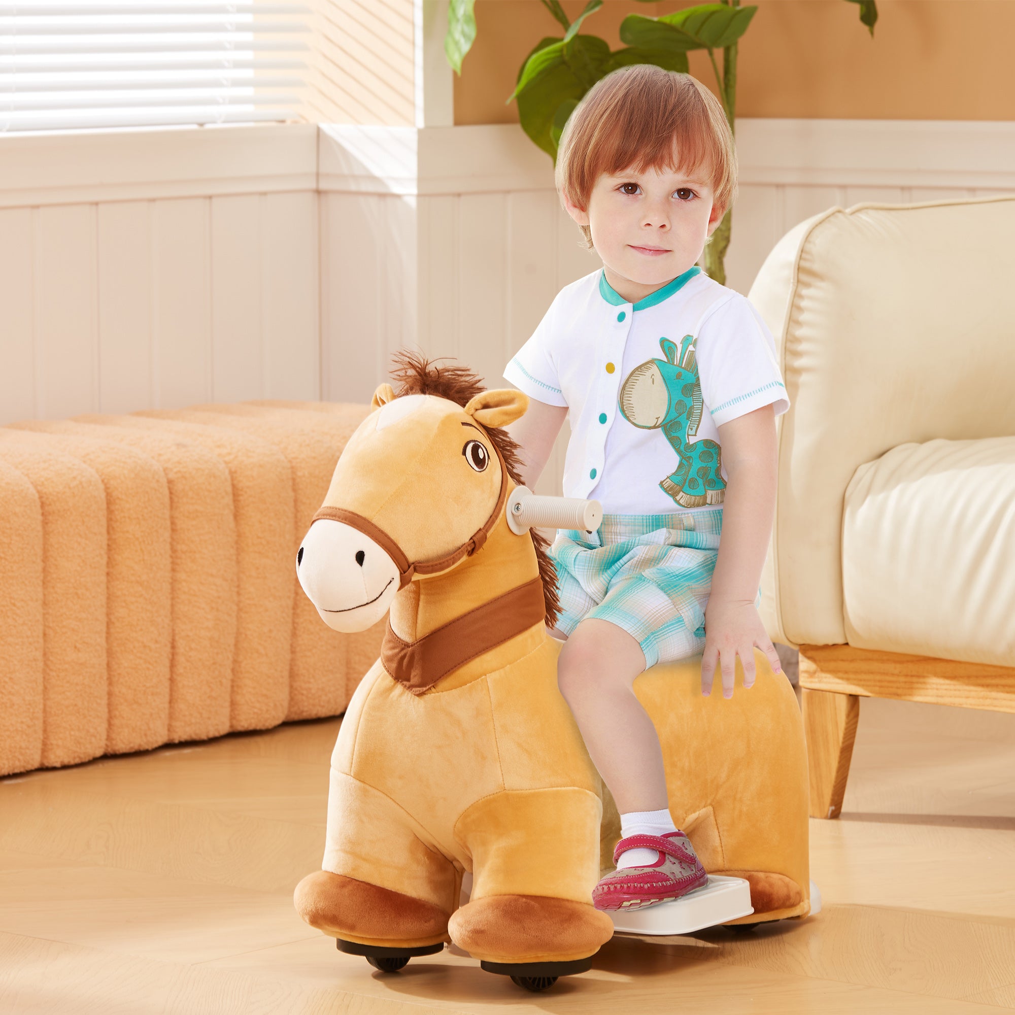 Battery Powered Electric Ride on Pony, 6V Ride on Horse w/ with Music Forward, PU Wheels, Aged 18-36 Months, Brown