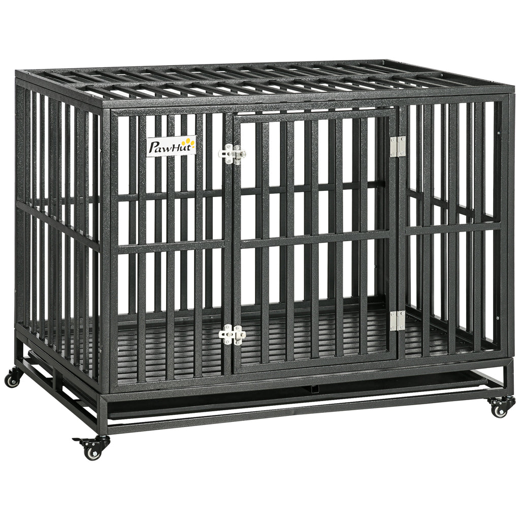 45" Heavy Duty Dog Crate, Escape-Proof Steel Kennel with Wheels, Black