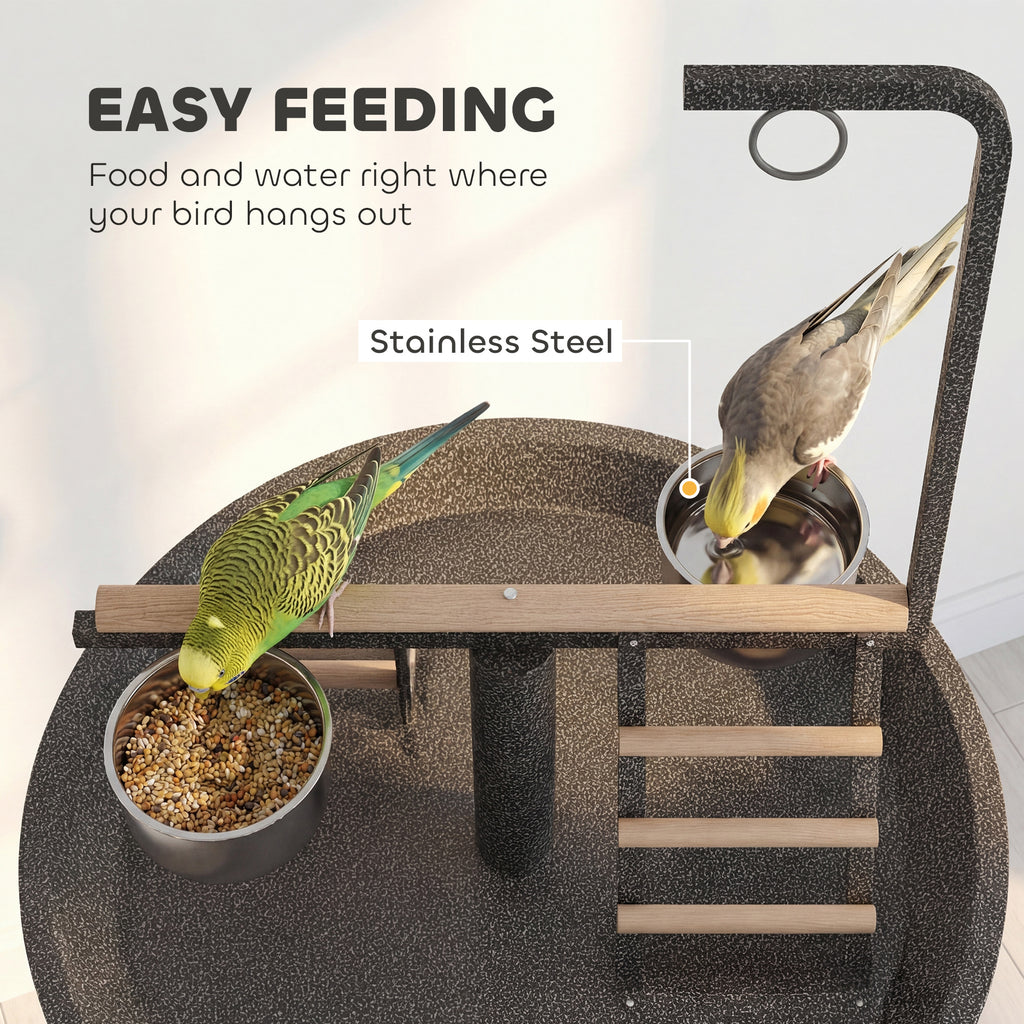 Bird Stand with Wheels Parrot Play Stand with Round Tray Stainless Steel Feed Bowls Indoor Outdoor Dark Gray
