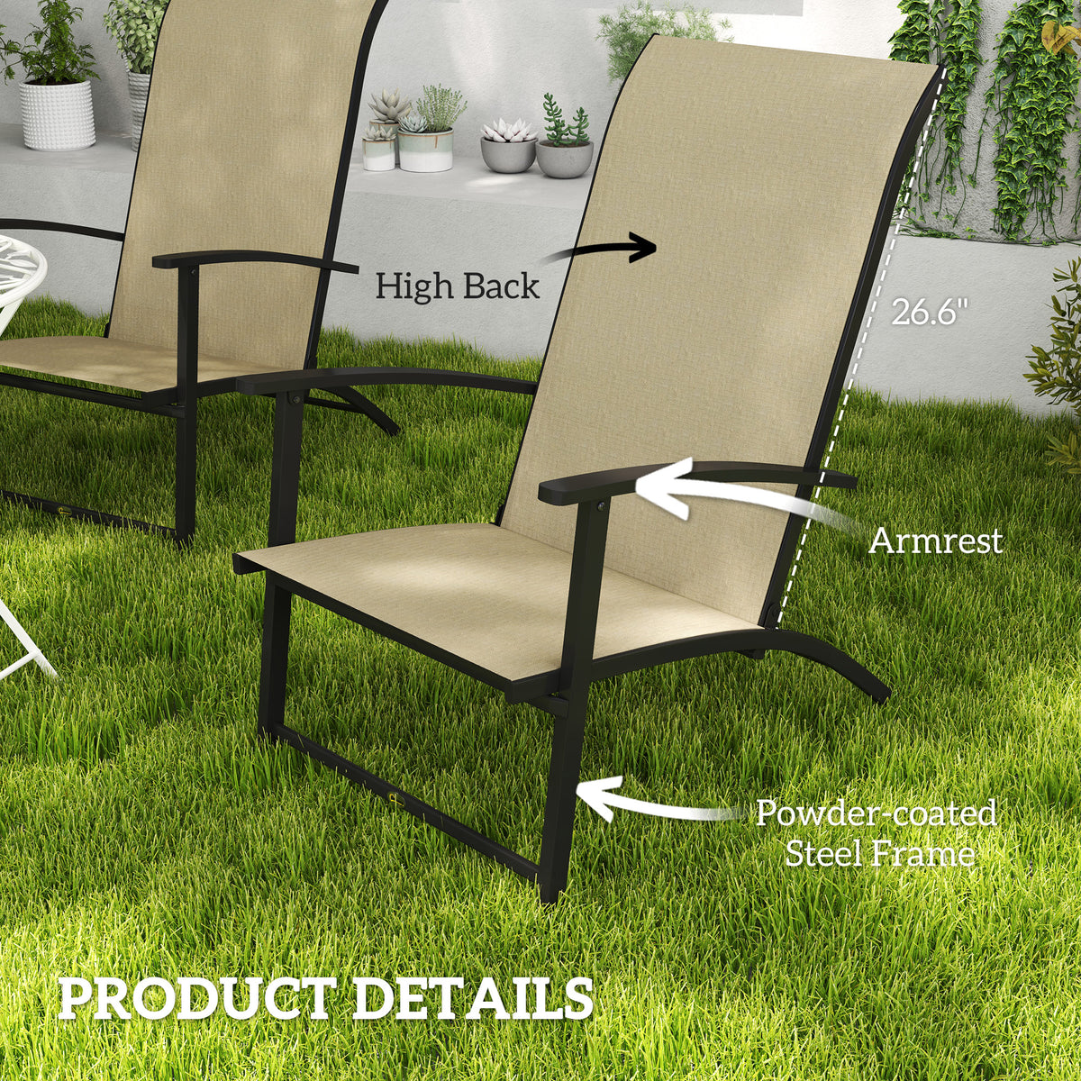 Set of 2 Outdoor Dining Chairs with High Back, Armrests, Folding Patio Chairs for Patio, Lawn, Camping, Beige