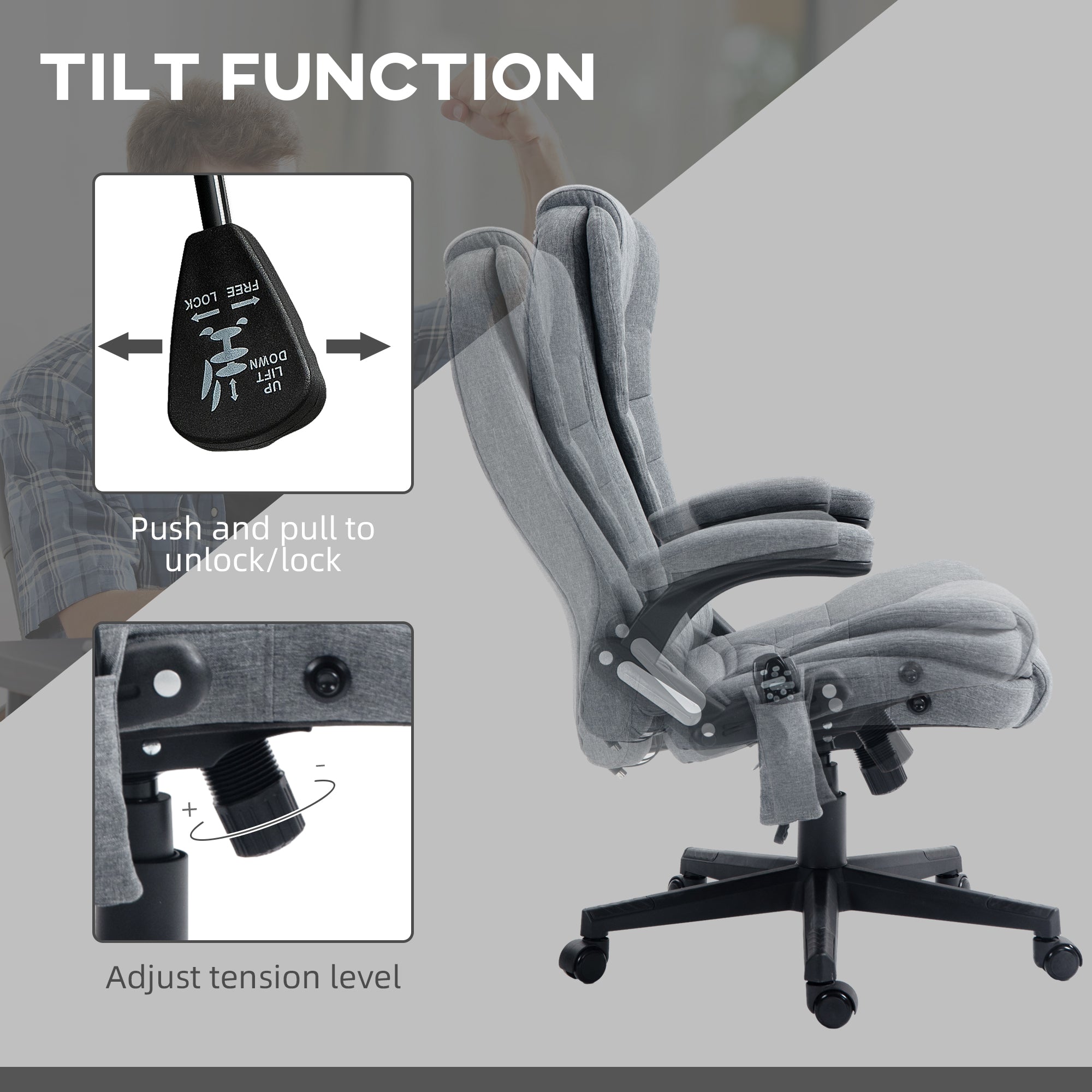 6 Point Vibrating Massage Office Chair with Heat, Linen High Back Massage Desk Chair with Reclining Backrest, Gray