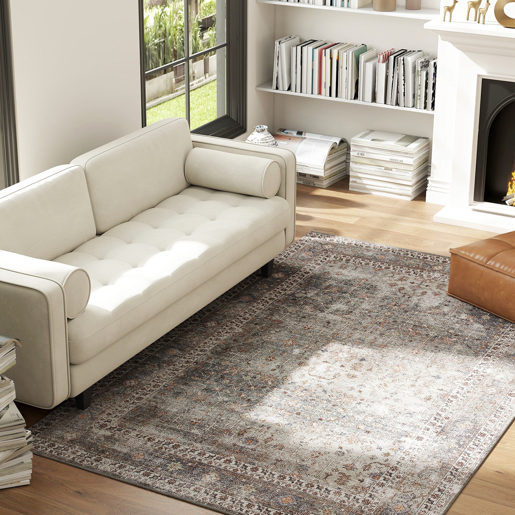 Machine Washable Area Rug 5x7, Non-Slip Traditional Floor Cover Foldable Carpet for Living Room, Dark Mixed-Brown