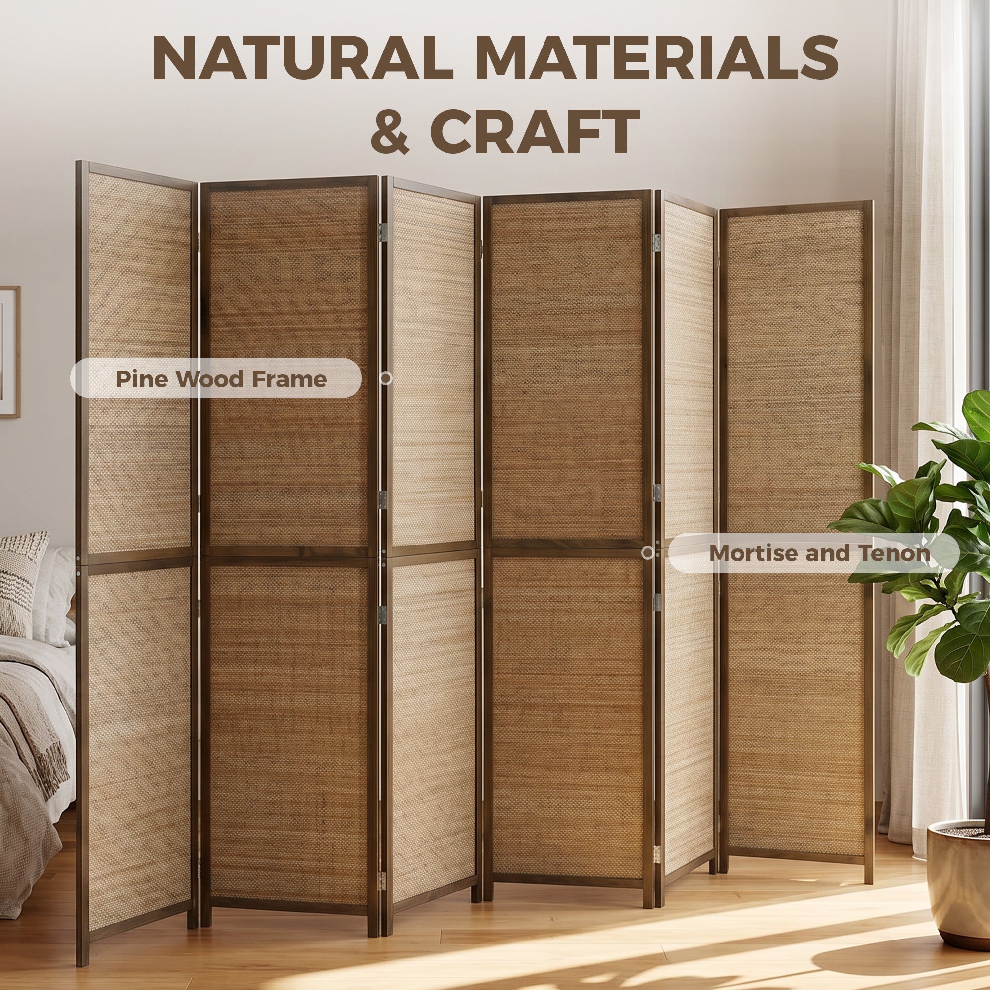 Room Divider, 6 Panel Folding Privacy Screen, 6 FT Tall Hand-Woven Bamboo Wall Partition, Brown