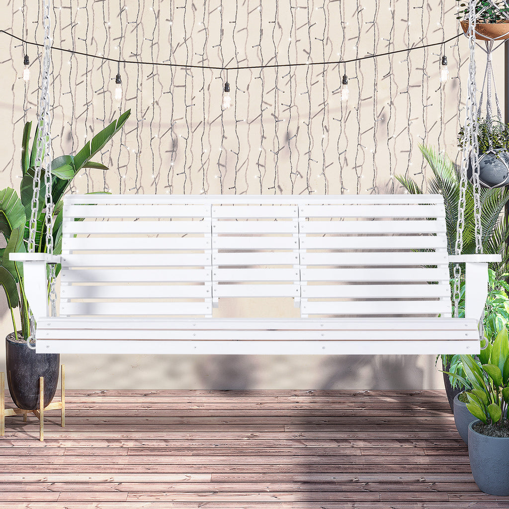 3-Seater Wooden Porch Swing, Patio Swing Bench with Folding Coffee Table, Cup Holders and Chains Included, 440lbs Weight Capacity, White