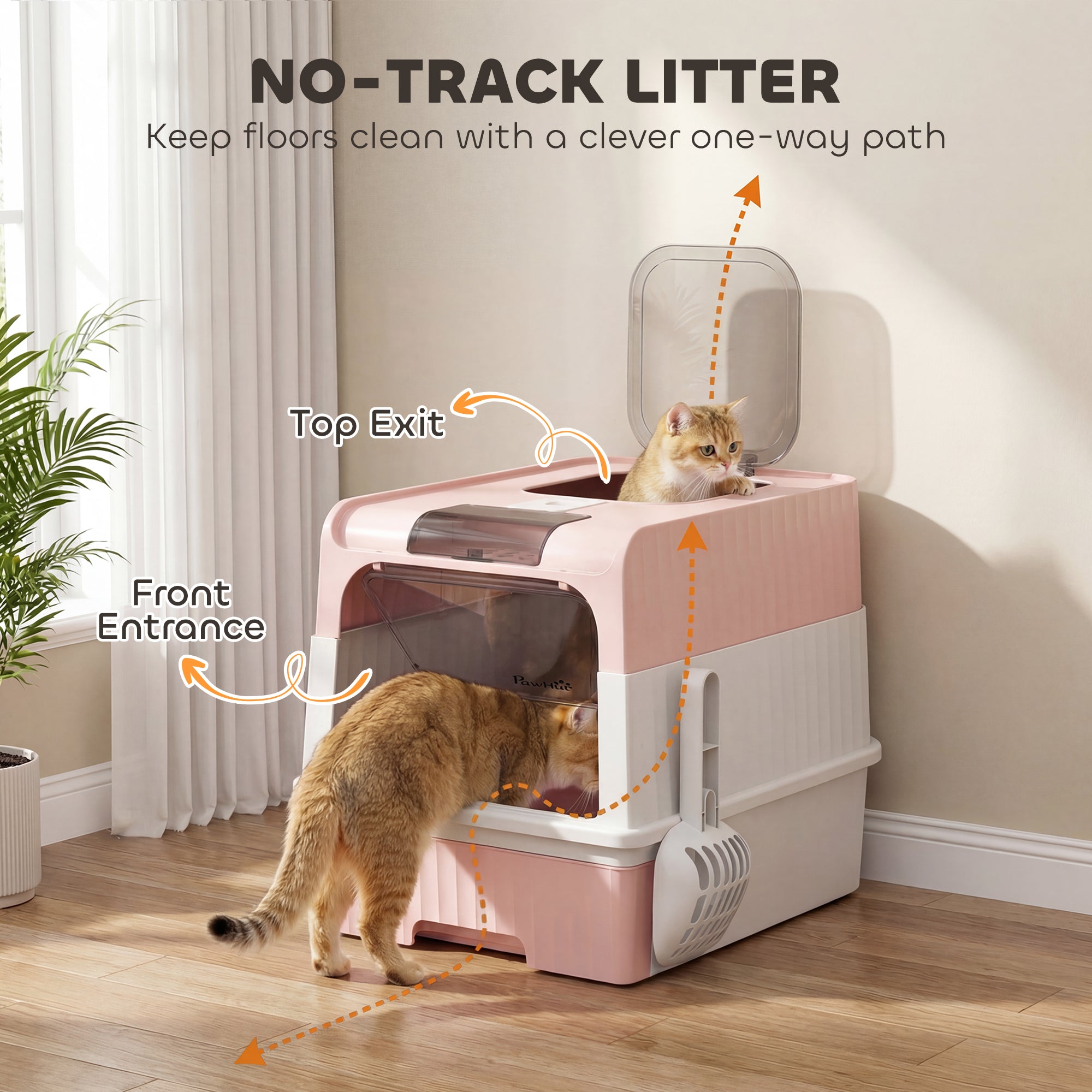Cat Litter Box Hooded Cat Litter Tray with Drawer Pan Front Entry & Top Exit Easy Cleaning Pink
