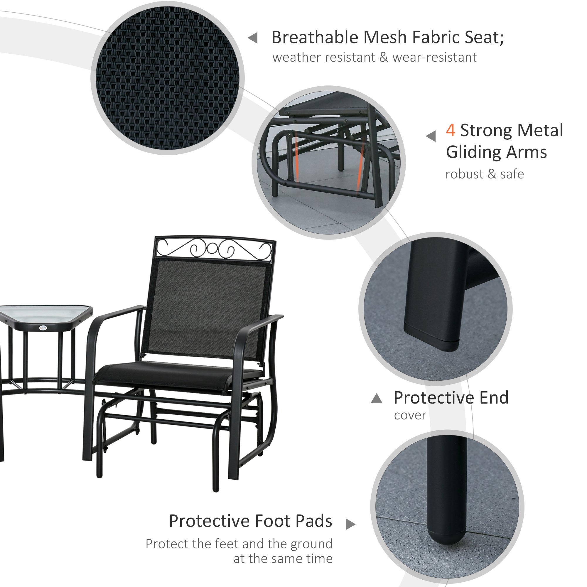 Outdoor Glider Chairs with Coffee Table, Patio 2-Seat Rocking Chair Swing with Breathable Sling for Backyard, Black